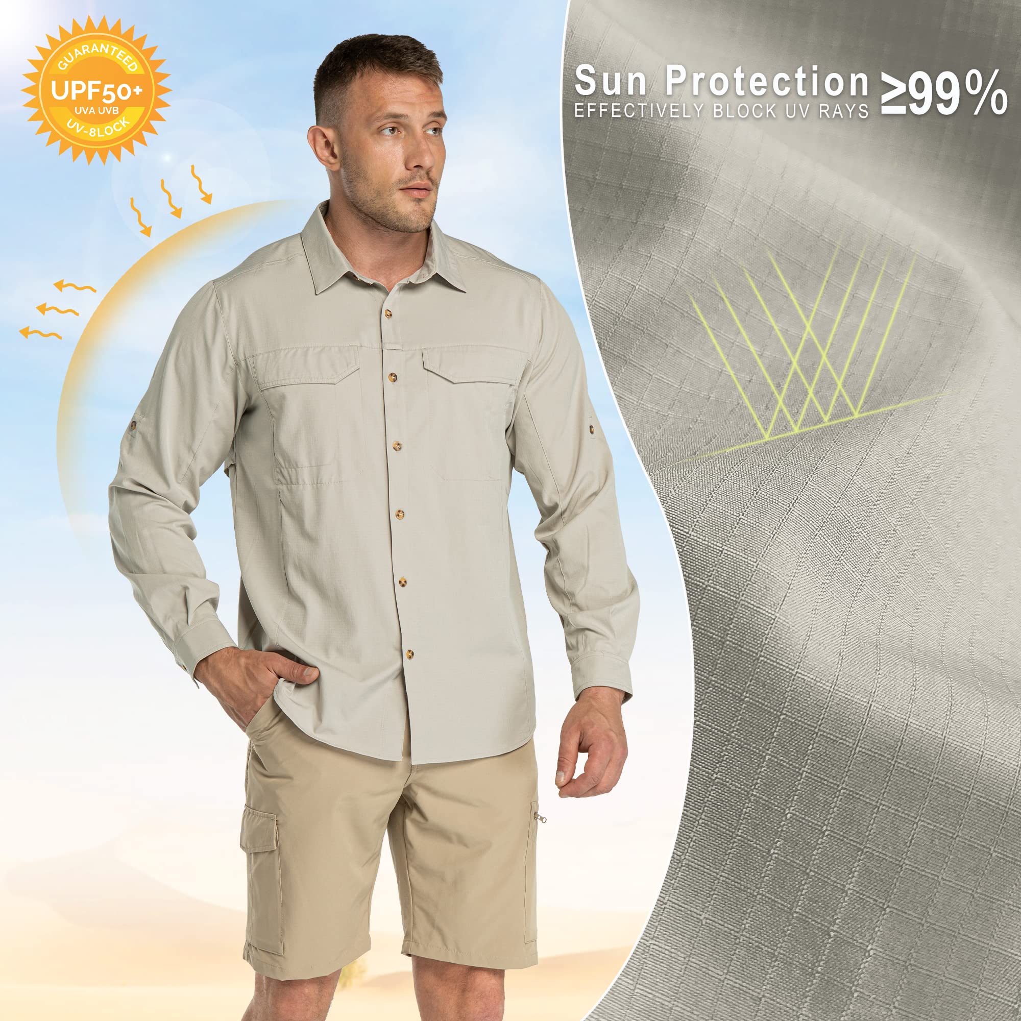 Chemise fonctionnelle UPF50+ pour homme 33,000ft - Protection UV - Manches longues - Respirant - Chemise boutonnée