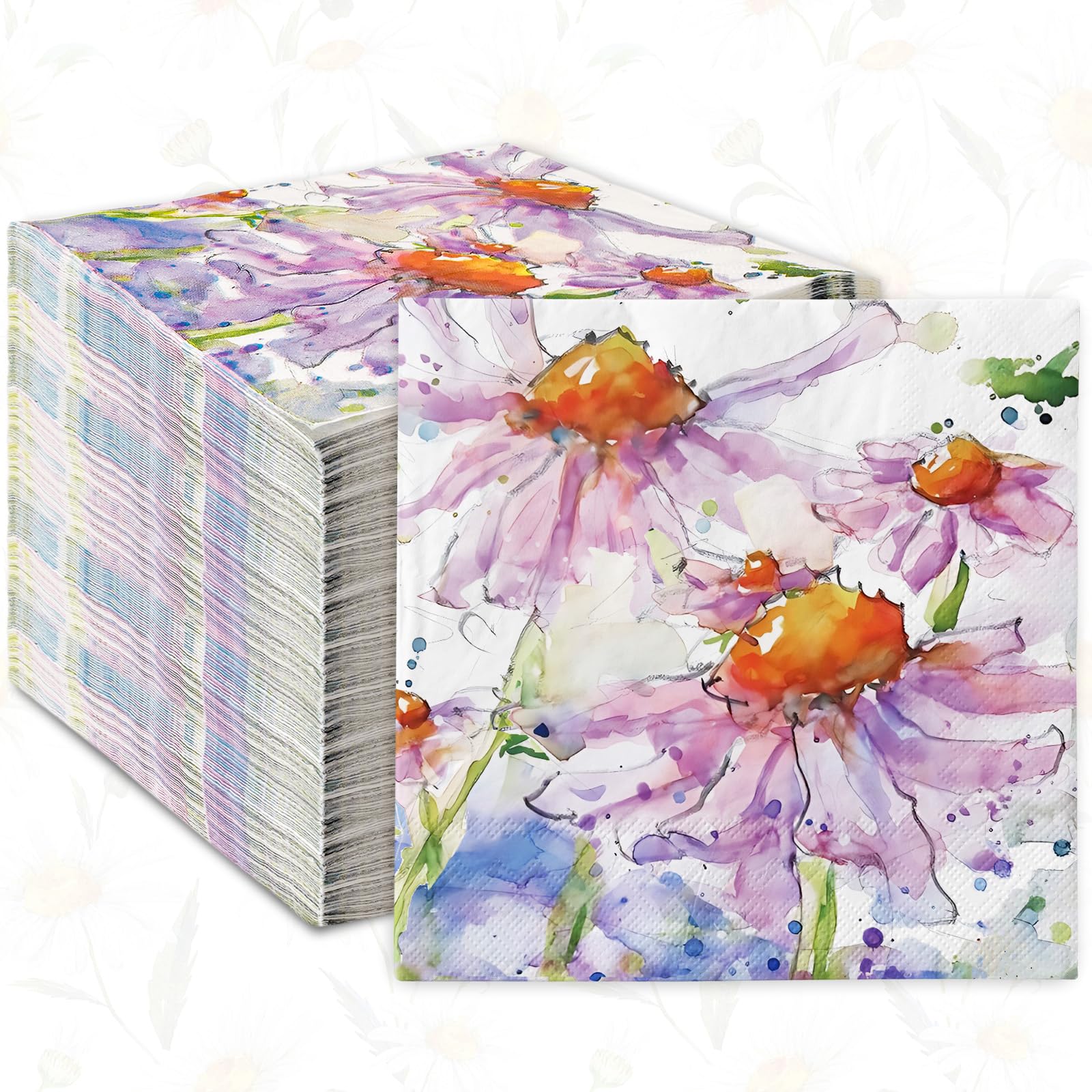 JarThenaAMCS 80Pcs Spring Daisy Paper Napkins Violet Flower Disposable Luncheon Napkins Summer Floral Dinner Hand Napkin for Seasonal Home Party