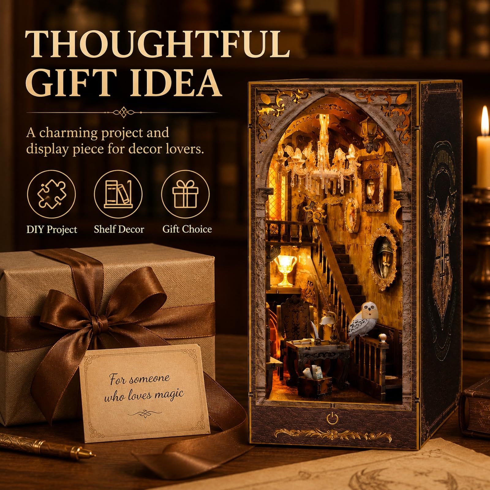 GOOGO Kit Book Nook, casa in miniatura DIY Book Nook con luce LED, puzzle 3D in legno, fermalibri decorativo per libreria, regalo creativo per adulti e ragazzi dai 14 anni in su (Scuola di magia)
