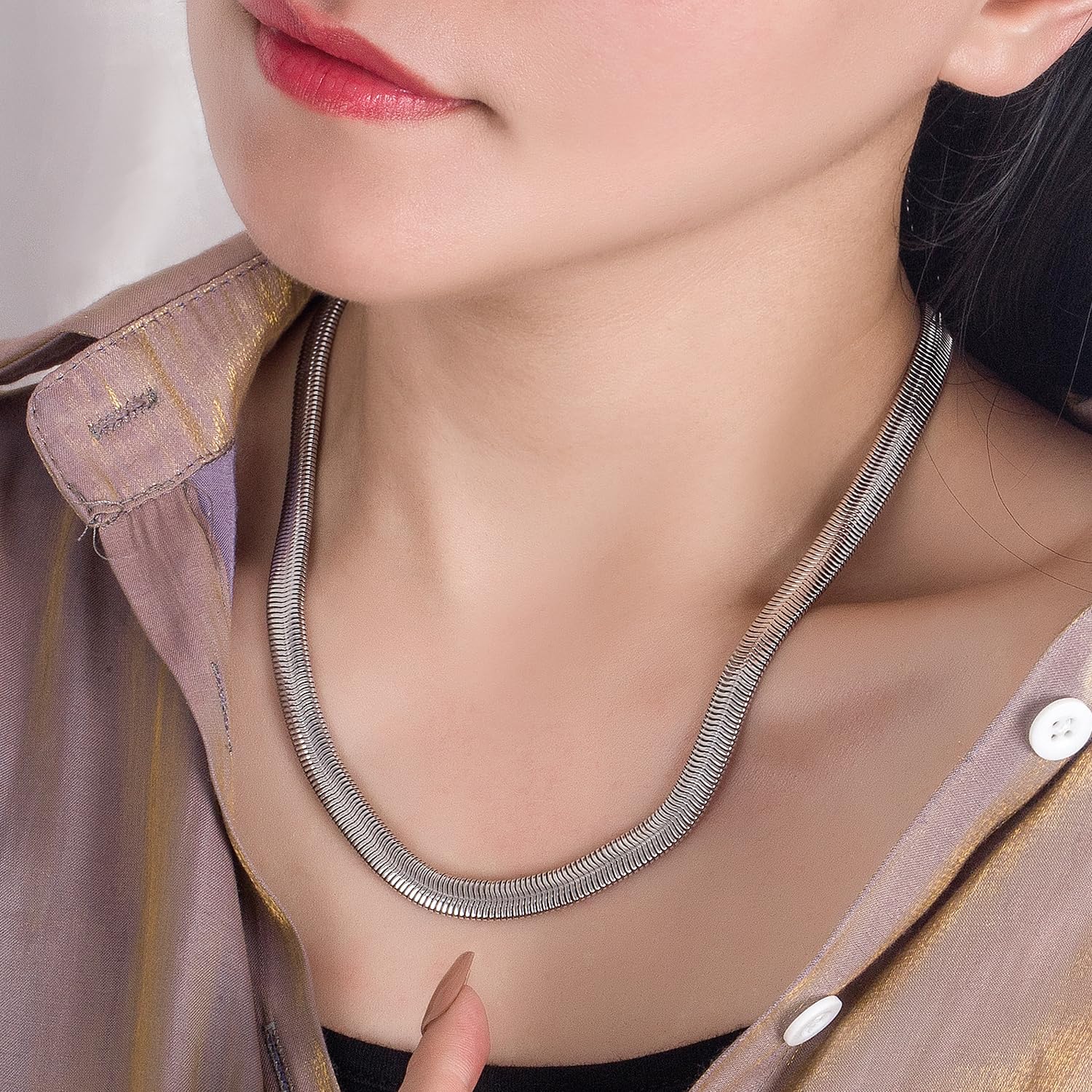 Dankadi Collana a spina di pesce a forma di serpente, larga, 6 mm, 8 mm, in 925, in argento, per uomo e donna, catena piatta a girocollo 41 – 76 cm, maglia serpentina dorata, 16 – 30 pollici, regalo