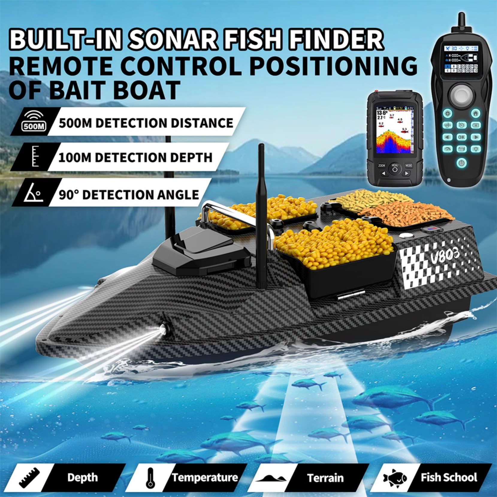 Barca esca GPS con Echolot Dual Antenna 4 camere di alimentazione RC con funzione pilot e ritorno automatico, barca per pesci con sensore sonare