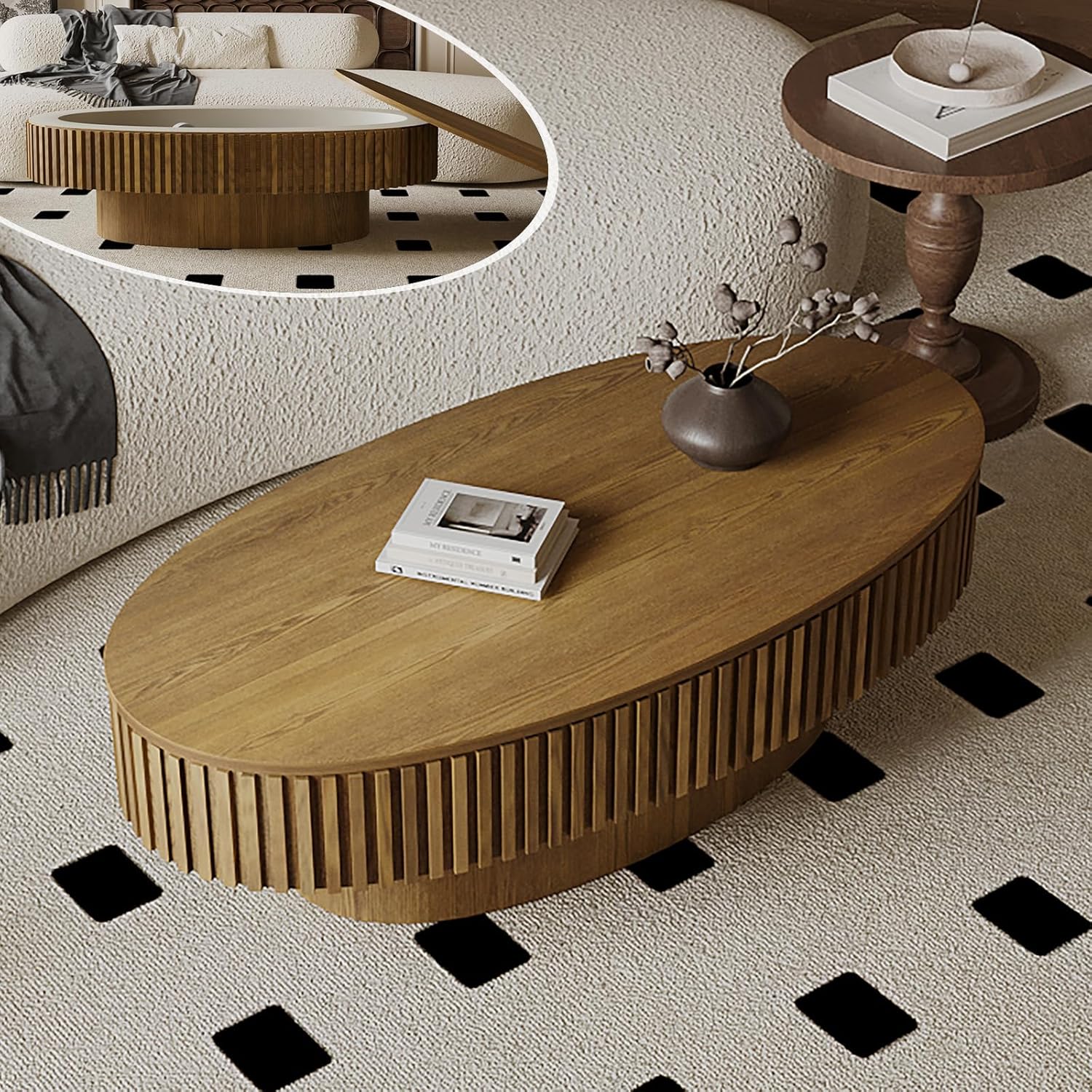 Oval Coffee Table with Storage, Modern Walnut Coffee Table with Solid Wood Veneered, Fluted Center Table Wood Drum Tea Table for for Living Room Apartment, 47.2''L×23.6''W×14.2''H