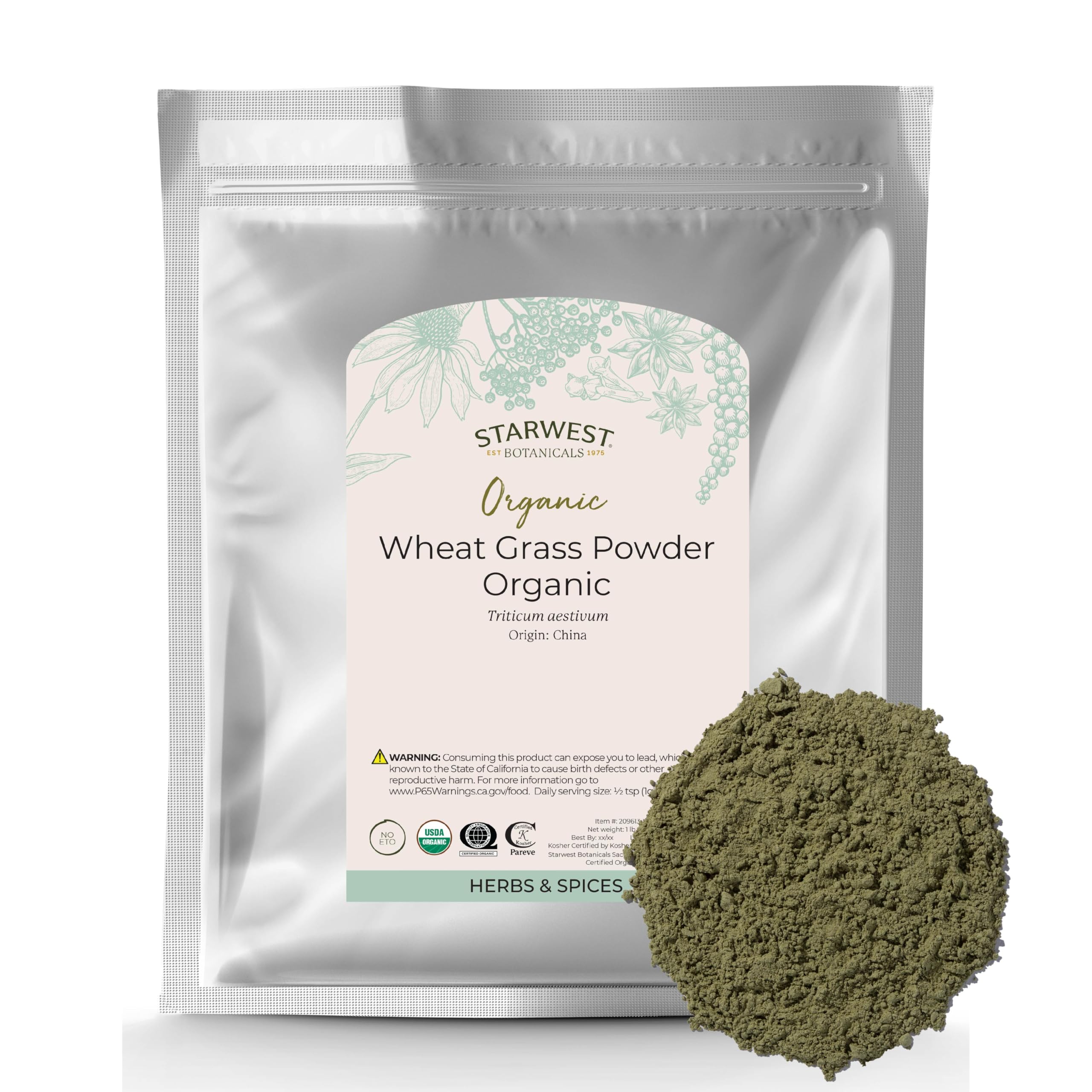 Starwest Botanicals Organic Wheat Grass Powder - Natural Superfood for Tea, Juice, & Water, Pure Wheatgrass, Source of Nutrients, Certified Kosher, Non-GMO - Bulk 1 lb Bag