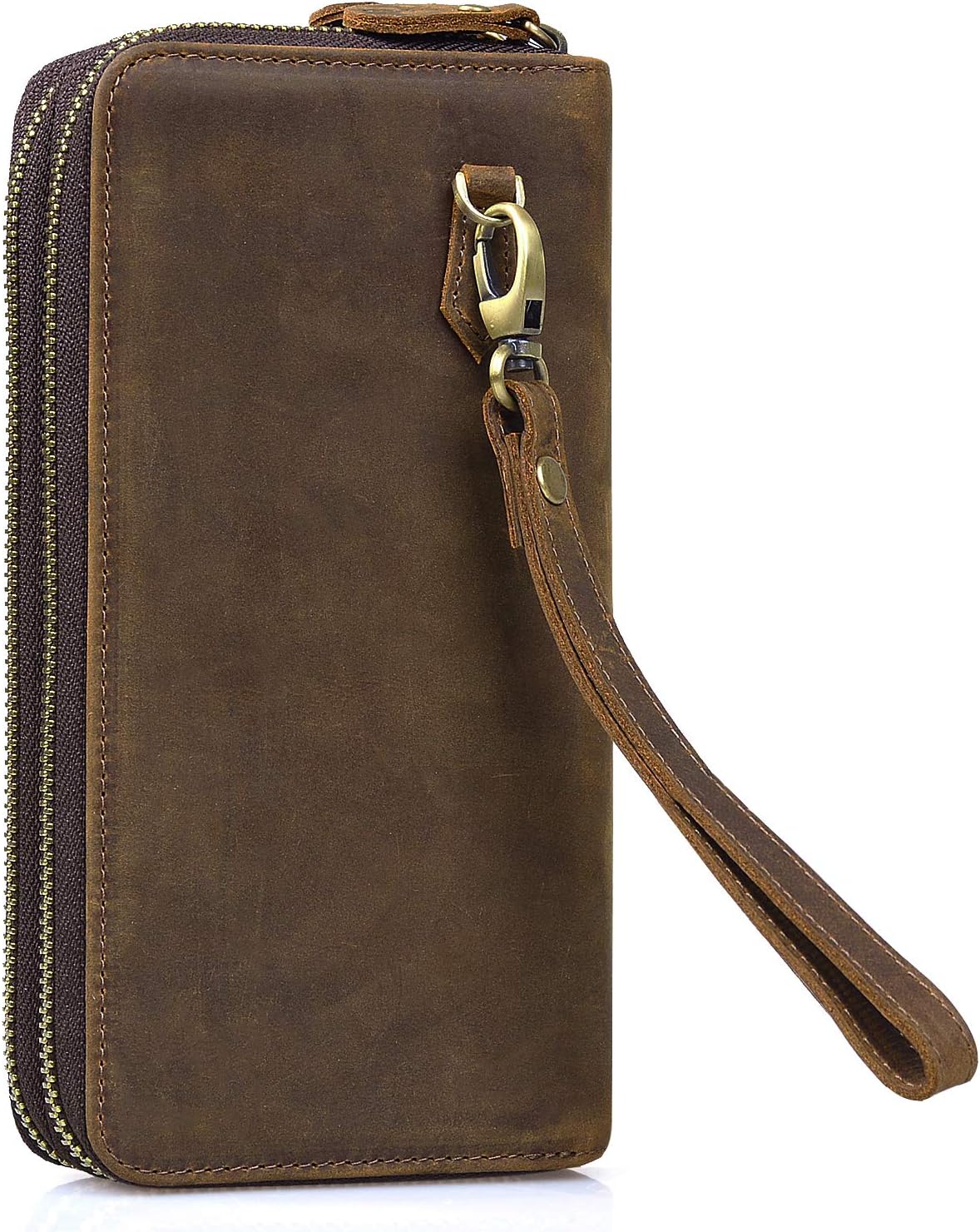 Jack&Chris Leather Wristlet Wallet, Premium Clutch Wallet Double Zipper Card Cell Phone Holder RFID Blocking Purse for Men and Women, NM8058 (Dark Brown)
