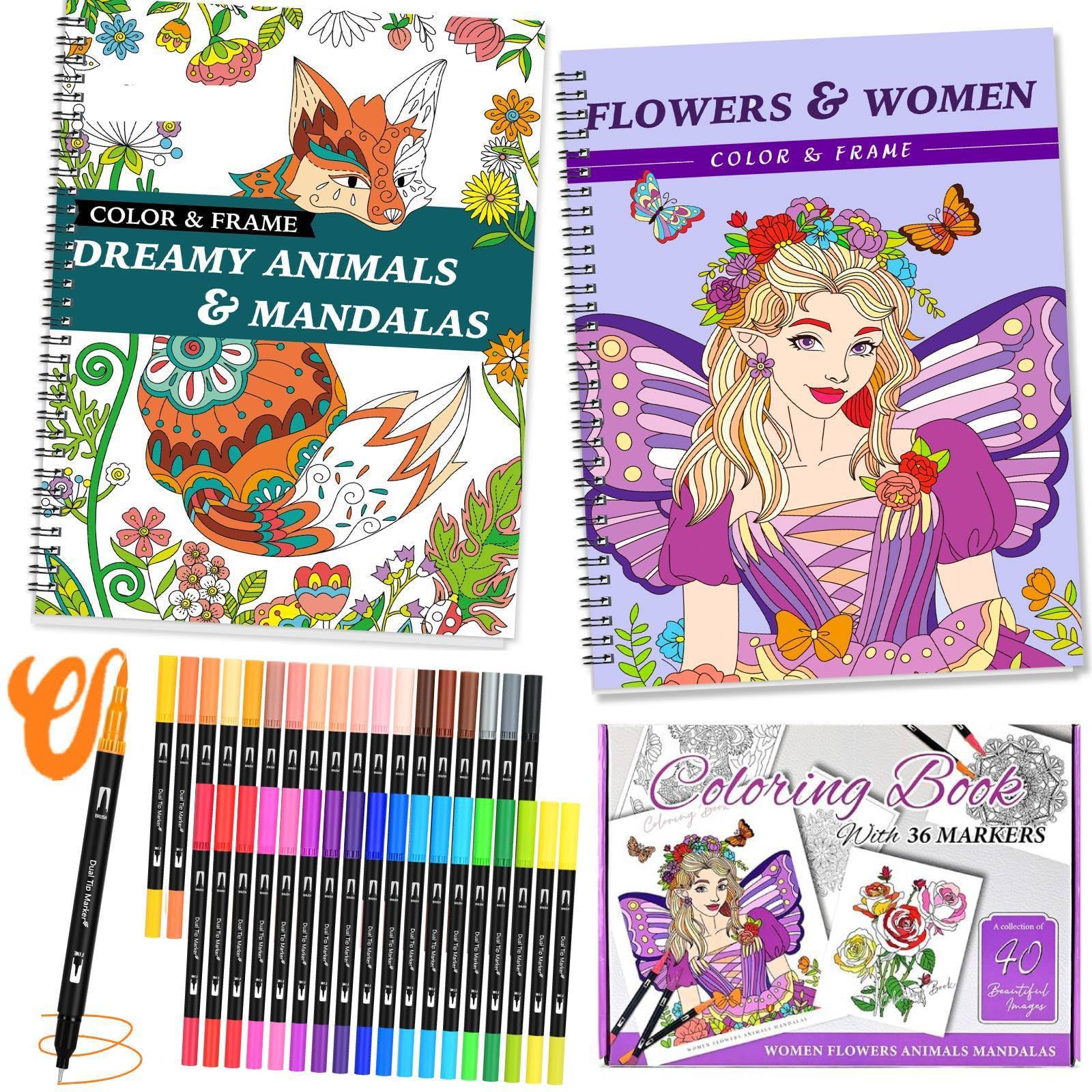 Tirphy Adult Coloring Book with 36 Colors Markers, Spiral Bound Mindfulness Coloring Books for Adults Relaxation, Anxiety Relief Gifts with 40 Patterns Include Animal Mandala Women Flowers