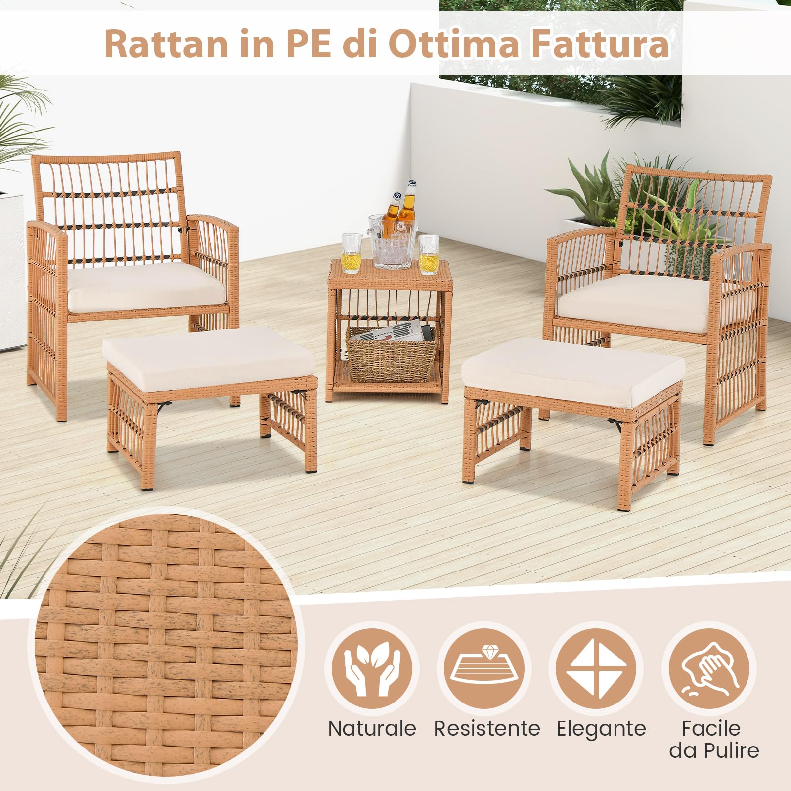 COSTWAY Set Salotto da Giardino per 2 Persone, Salottino Esterno in Rattan 5 Pezzi con 2 Poltrone, 1 Tavolino, 2 Pouf e Cuscini Imbottiti, Set da Giardino per Balcone e Terrazza