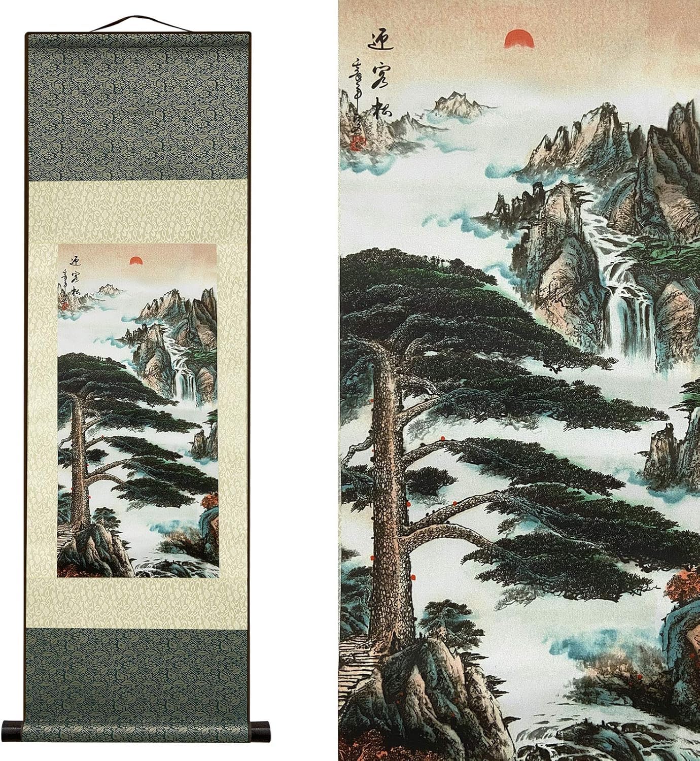 Atfart L-166 Silk Scroll Painting - Asian Wall Decor River Landscape - The Pine Greeting Guests Chinese Art Wall Hanging Oriental Decor (36.2X12in)