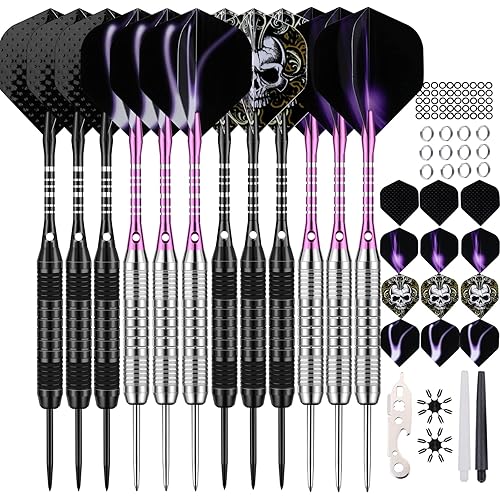 12 Pack Darts Metal Tip Set 22/24 Grams, Steel Tip Darts for Dartboard with Premium Aluminum Shafts, Extra 50 Rubber O-rings 6 Nylon Shafts 24 Flights 12 Spring Rings 16 Flights Protector 1 Tool Kit