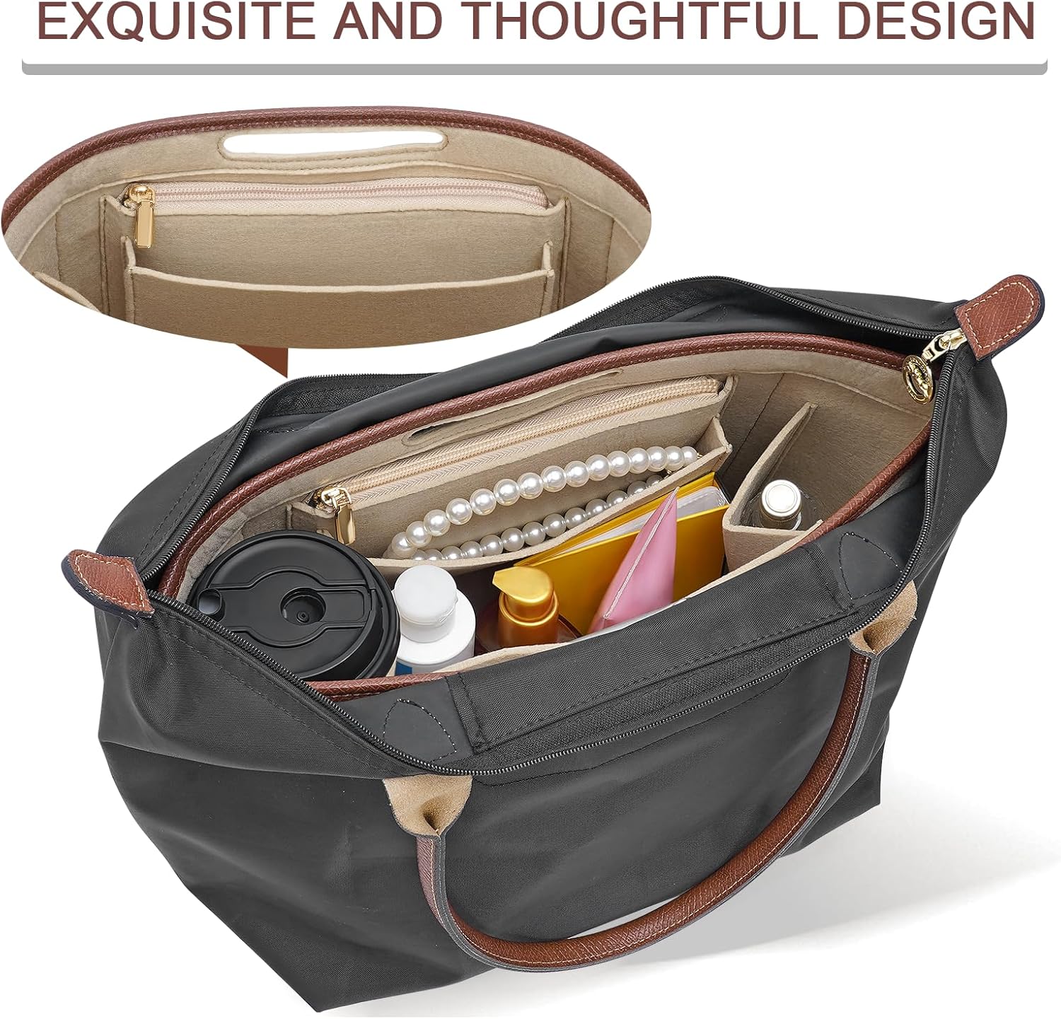 Felt Purse Organizer Insert for Longchamp Le Pliage M Bag Handbag Leather edge Longchamp Organizer Insert (Beige, Medium) - Image 6