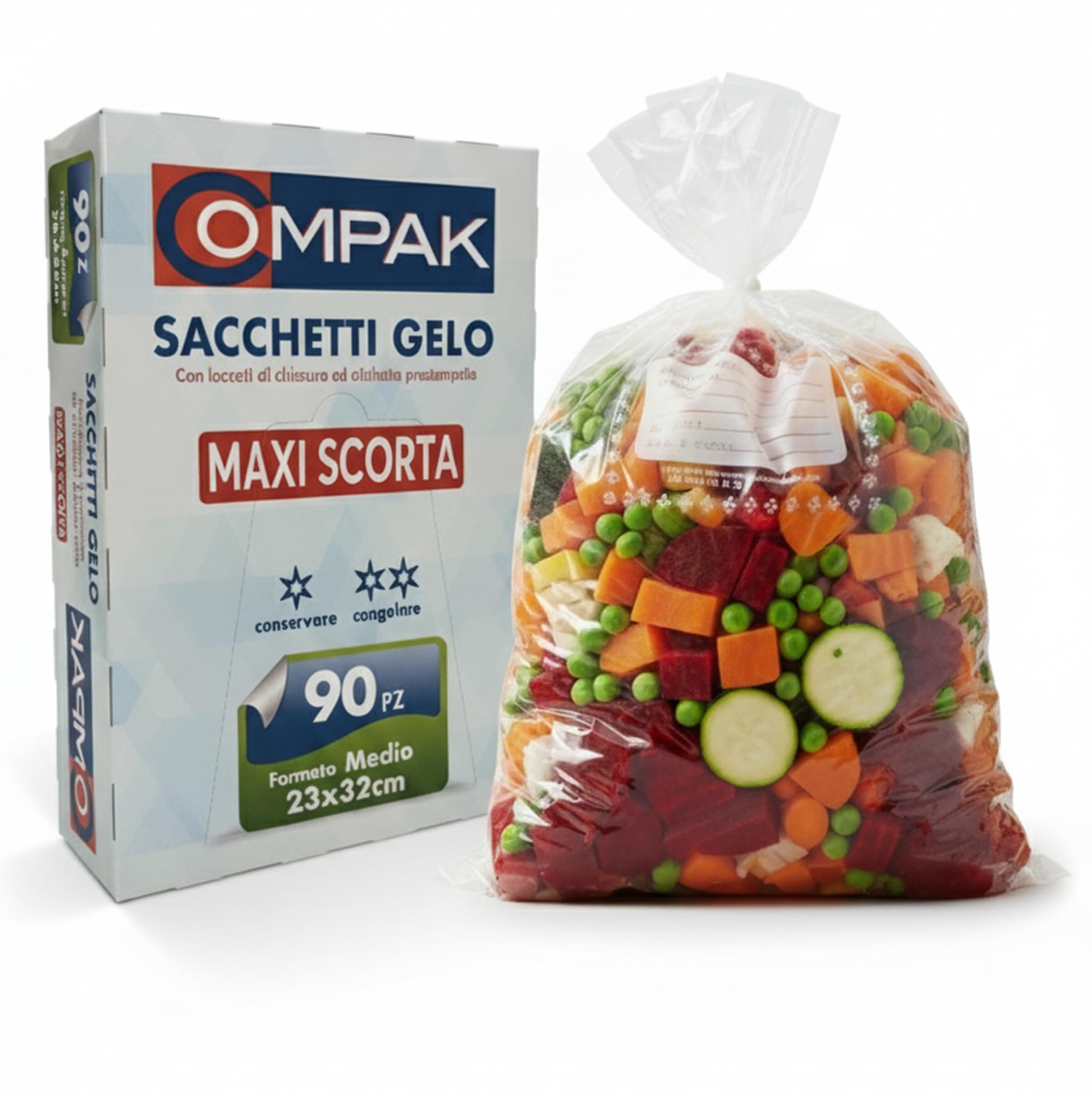 FRIO 90 Sacchetti Gelo Misura Media 23x32 cm | Confezione Risparmio per Alimenti, Freezer e Cucina | Buste Congelatore con Laccetti ed Etichetta | Antistrappo e Resistenti, Maxi Scorta