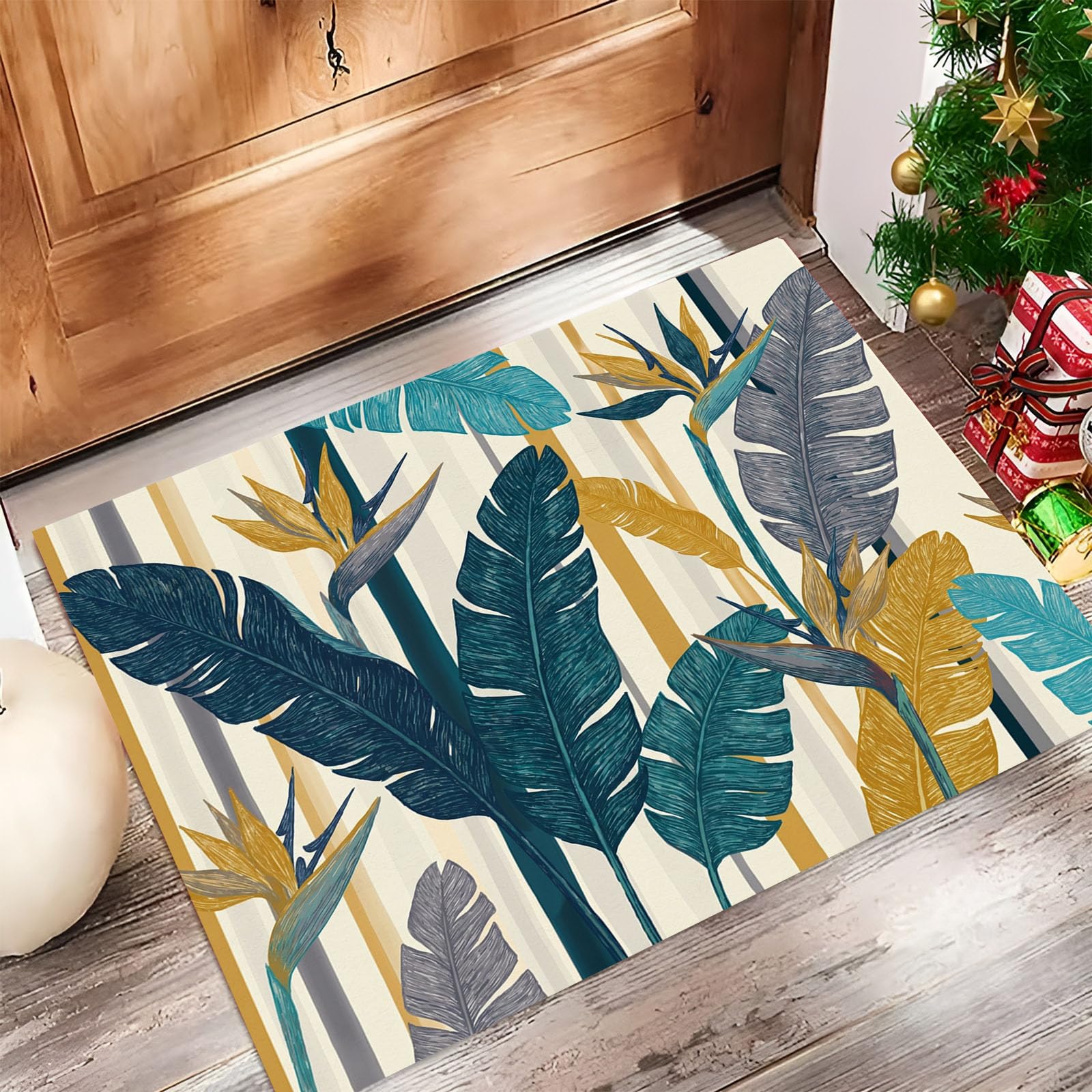 Zerbino Ingresso Interno Piante Subtropicali Boeme, Zerbino Di Benvenuto Lavabile Morbida Strisce Foglie Di Palma, Antiscivolo Tappeto Da Decorazioni Beige Per Casa Porta, 60X90Cm