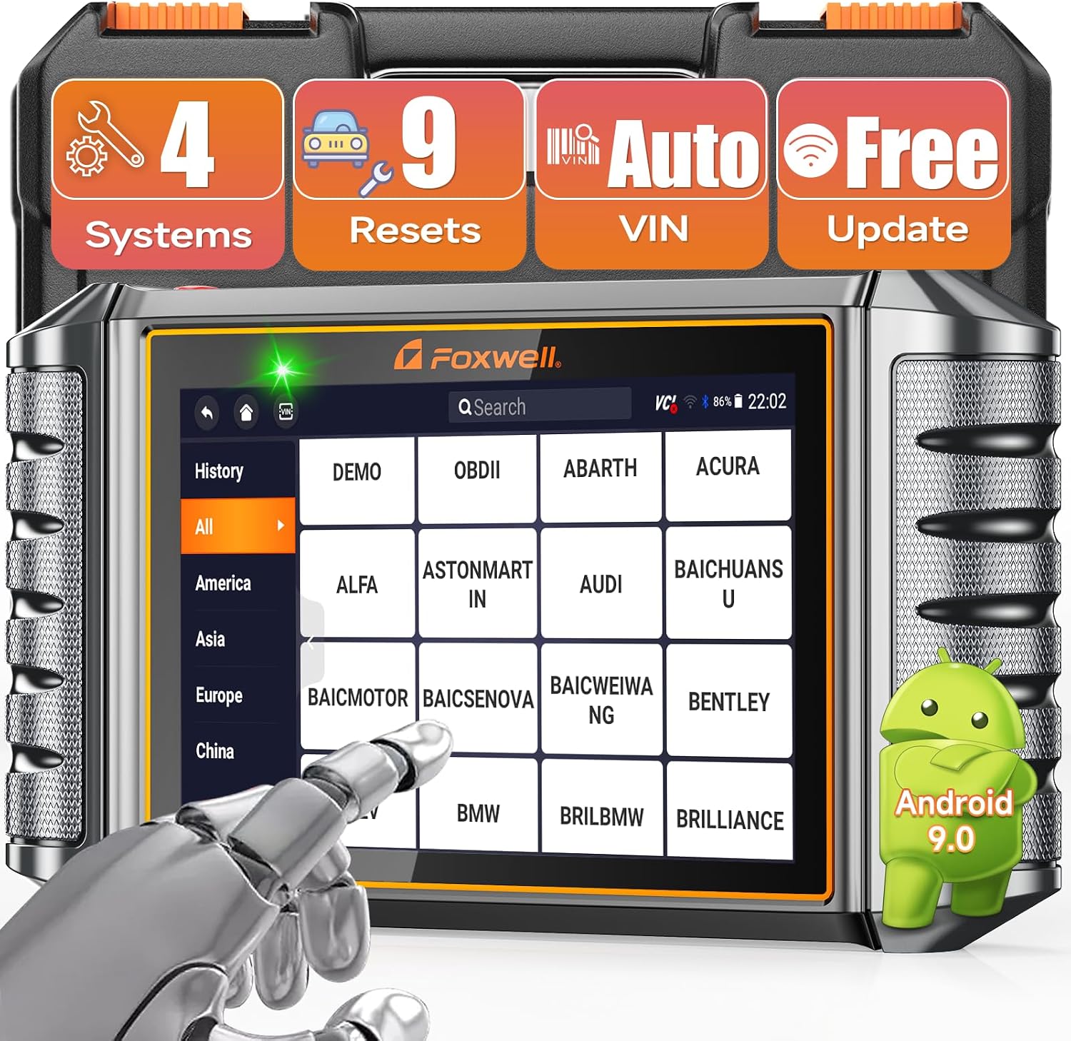 FOXWELL NT716 OBD2 Scanner device with its user interface showing car brand selection.