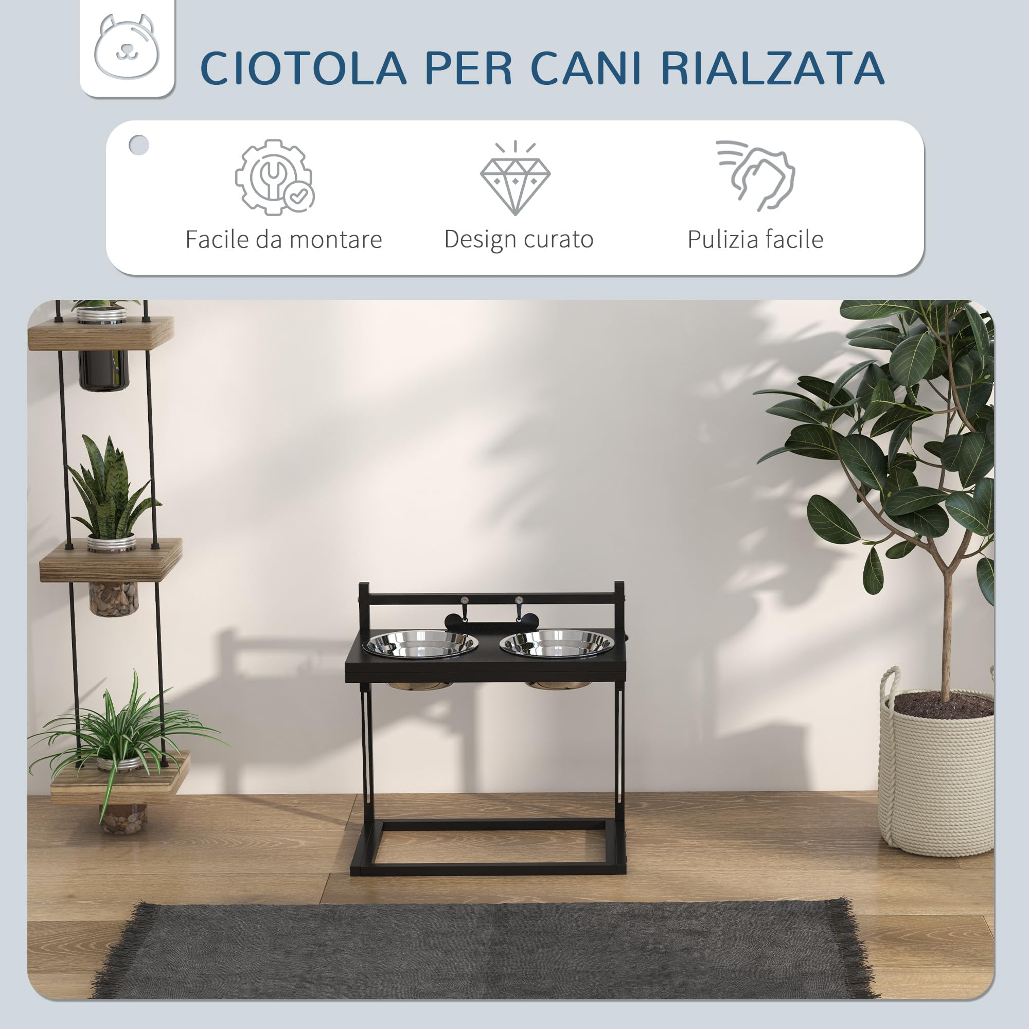 PawHut Ciotole per Cani Rialzate con Altezza Regolabile e Targhetta, 2 Ciotole in Acciaio da 900ml per Acqua e Cibo, Nero