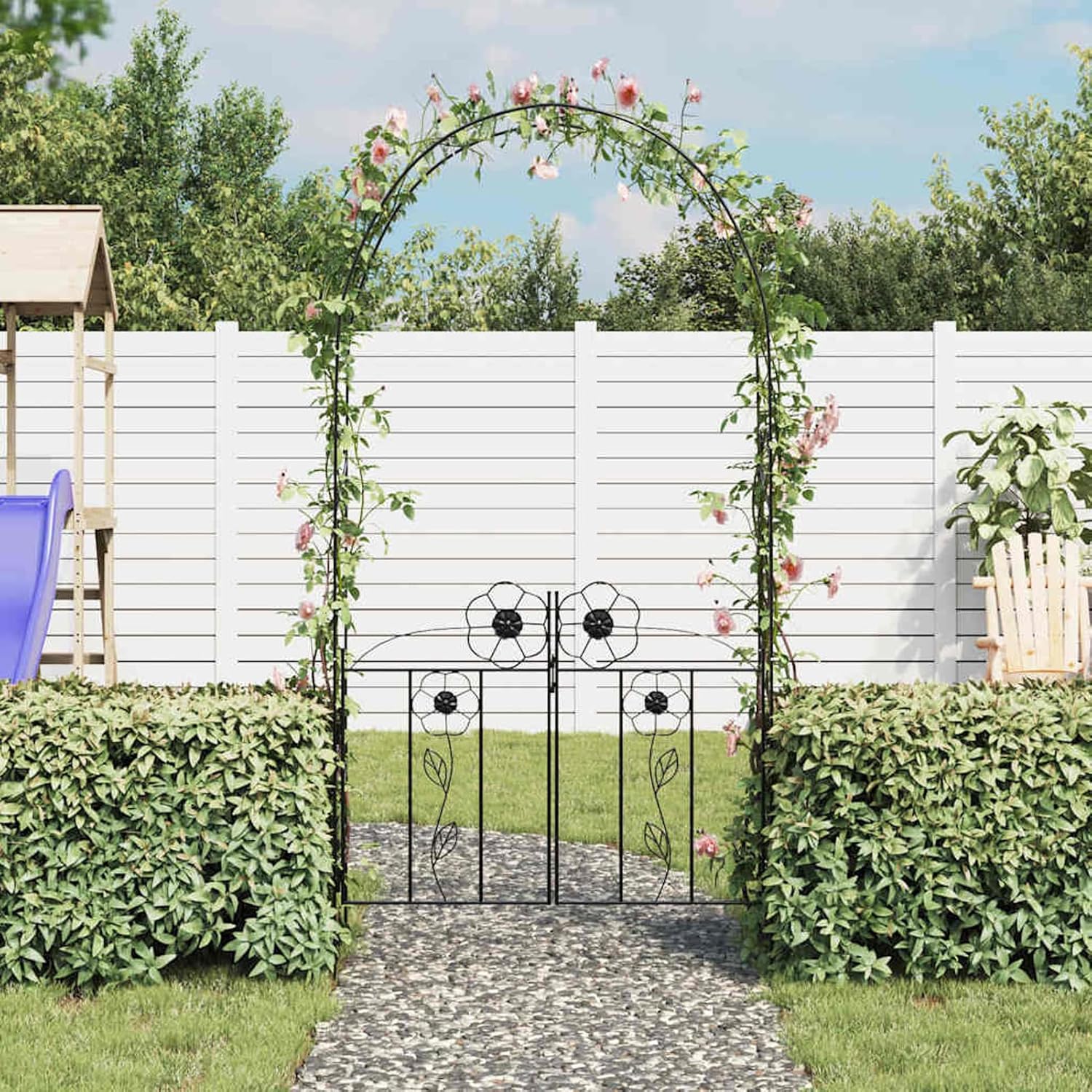 Tidyard Garden Arch, Black Iron 7.5 ft Tall Outdoor Arch with Doors for Climbing Plants, Powder-Coated Metal Garden Gate for Patio and Yard Decor
