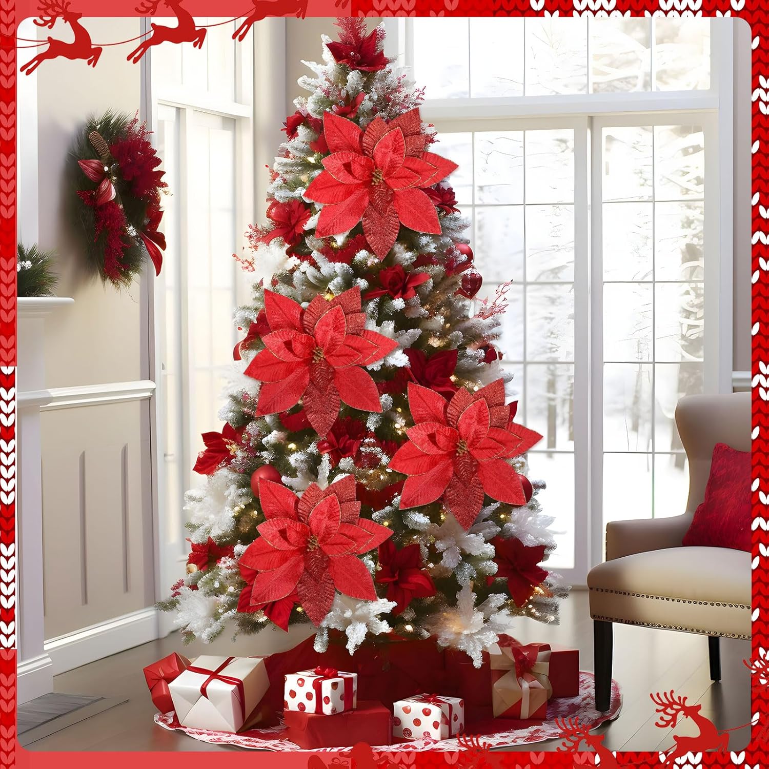 Cinnvoice 4 Pcs 16'' Mardi Gras Flowers Mardi Gras Poinsettia Flowers Artificial Extra Large Glitter Poinsettia Picks Stems Ornaments Foldable Floral for Holiday Party Decoration(Red)