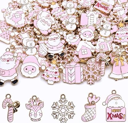 100 Pcs Pink Christmas Charms for Jewelry Making, Metal Christmas Charms Snowflake Santa Metal Bracelet Jewelry Pendants for DIY Holiday Xmas Earring Necklace Craft Ornaments Supplies