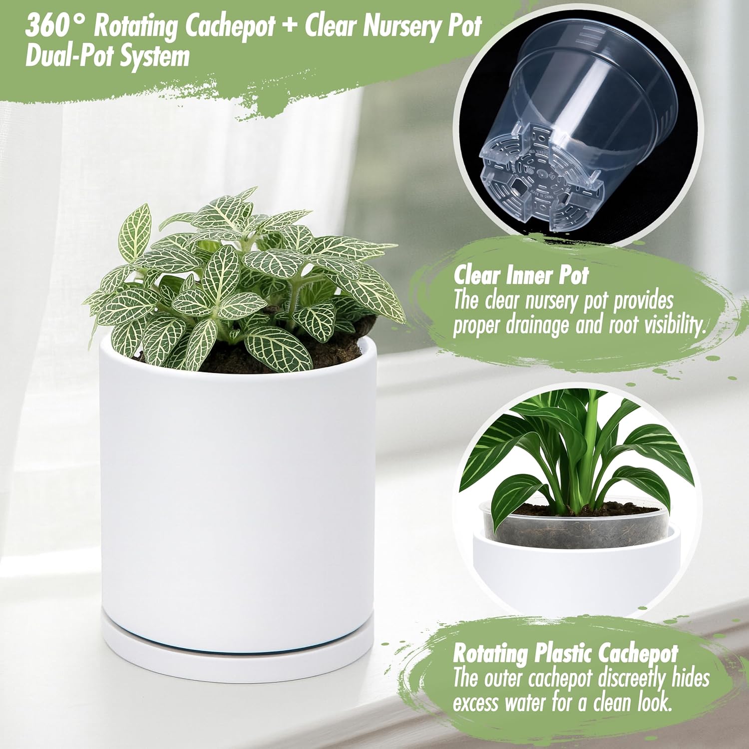 D'vine Dev Double-Layer Self-Draining Planter Set – Rotating Plastic Outer Pot with Clear Inner Liner for Root Health, Perfect for Indoor Plants, 4.5", Set of 2, White, 73-V-A-1
