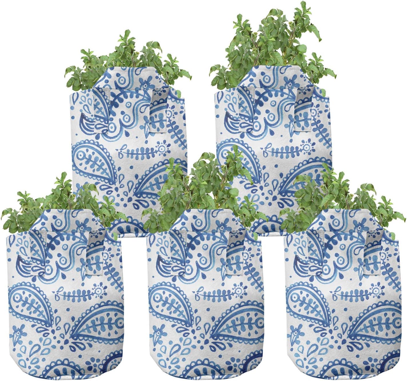 Ambesonne Paisley Grow Bags 5-Pack, Sketch Flower and Flake, Heavyduty Fabric Pots with Handles for Plants, 5 Gallon, Blue and White