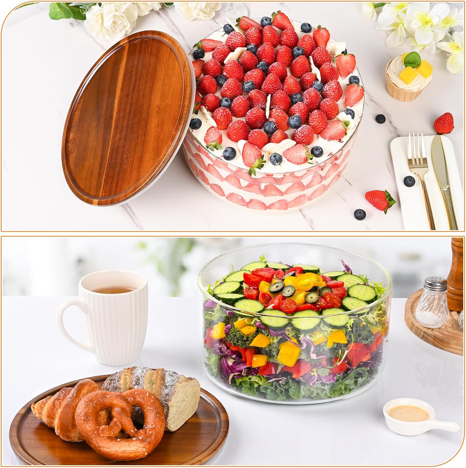 197 oz Large Glass Salad Bowl with Acacia Wood Lid - Glass Trifle Bowl, Versatile Serving Bowls for Cake, Salad, Fruit, Baking, Dessert, Meal Prep, Storing, Microwave & Oven Safe, BPA Free