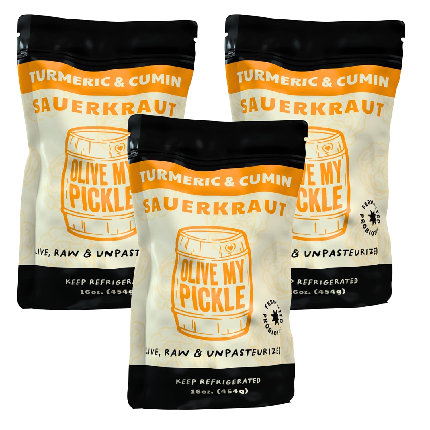 Olive My Pickle Fermented Sauerkraut - 48 Ounces | 3-Pack Bundle of Probiotic Turmeric and Cumin Sauerkraut with Natural Probiotics for Gut Health - Great for Sandwiches, Salads, Asian Dishes, and Meat