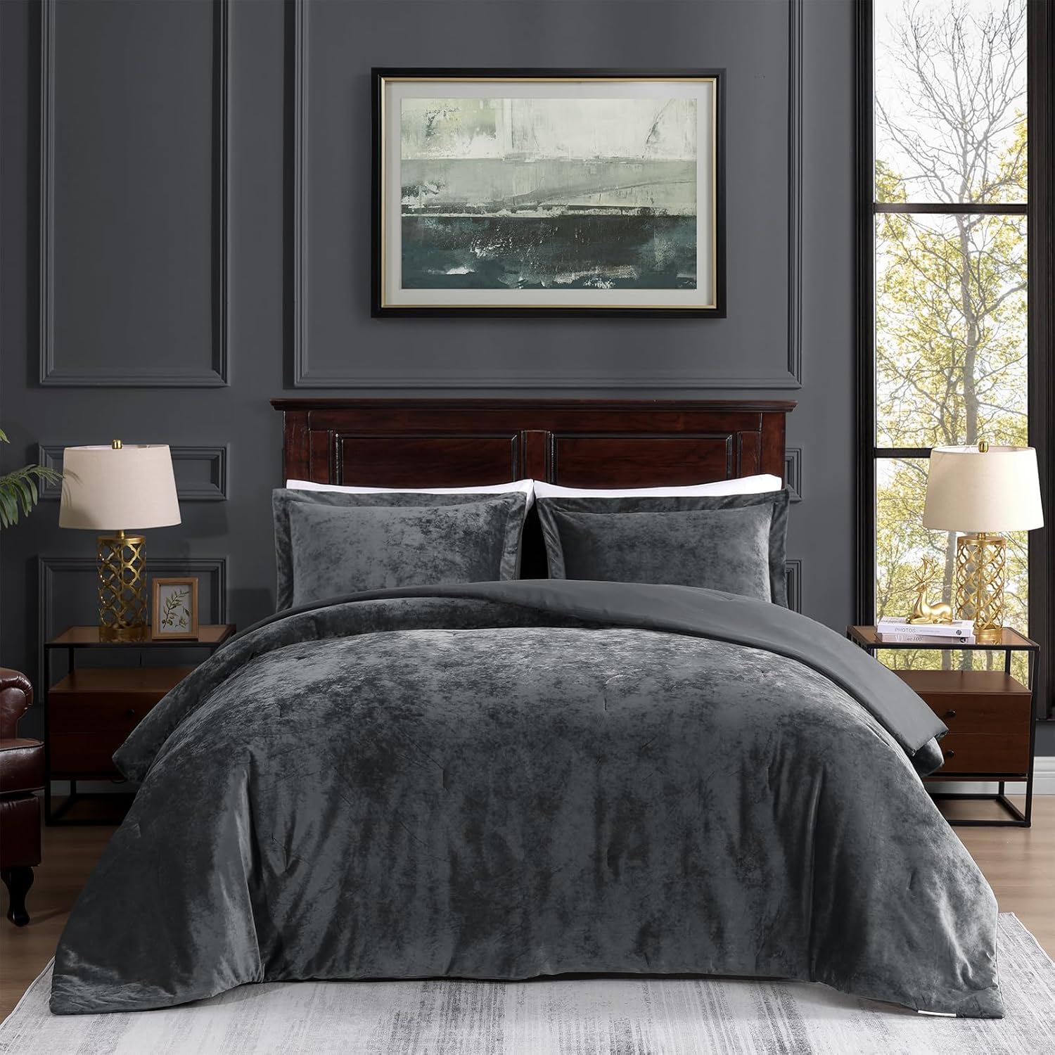 TAMGHO Crushed Velvet Comforter King, Grey King Size Bedding Set for All Seasons, Luxury Soft 3pc Bed Set, 1 Oversized King Comforter (108"x96") and 2 Pillow Shams (20"x36"+2")