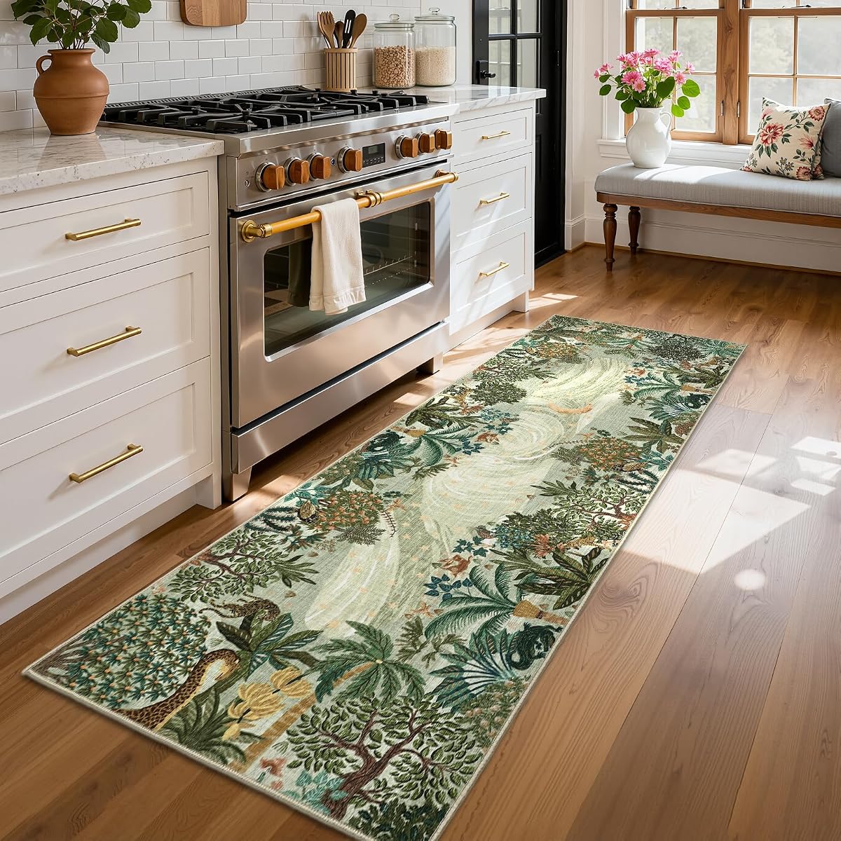 GarveeHome 2x6 Jungle Washable Runner Rug for Kitchen, Soft Animal Print Hallway Runner Non Slip Green Entryway Rug Farmhouse Laundry Mat Stain Resistant Carpet for Bedroom Bathroom