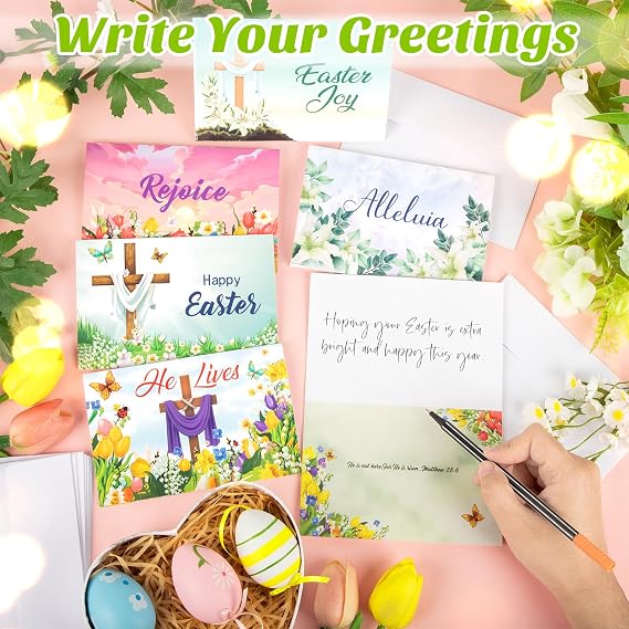 Easter Cards with Envelopes 24 Sets Cross Religious He is Risen Cards with Inspiring Bible Messages for Christians Catholics Party Favors
