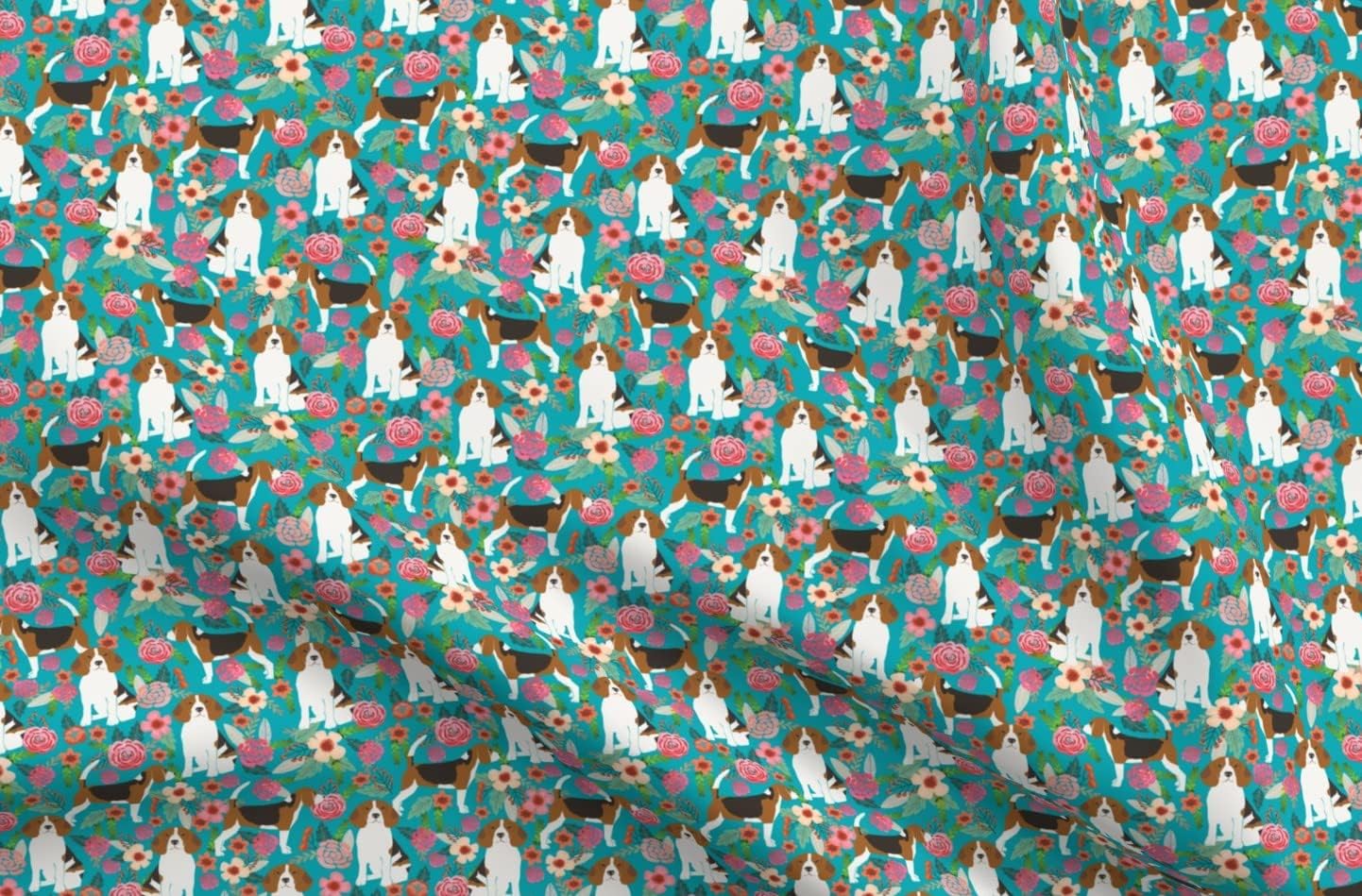 Spoonflower Fabric - Beagle Beagles Cute Dogs Dog Florals Flowers Spring Turquoise Pet Printed on Minky Fabric by The Yard - Sewing Baby Blankets Quilt Backing Plush