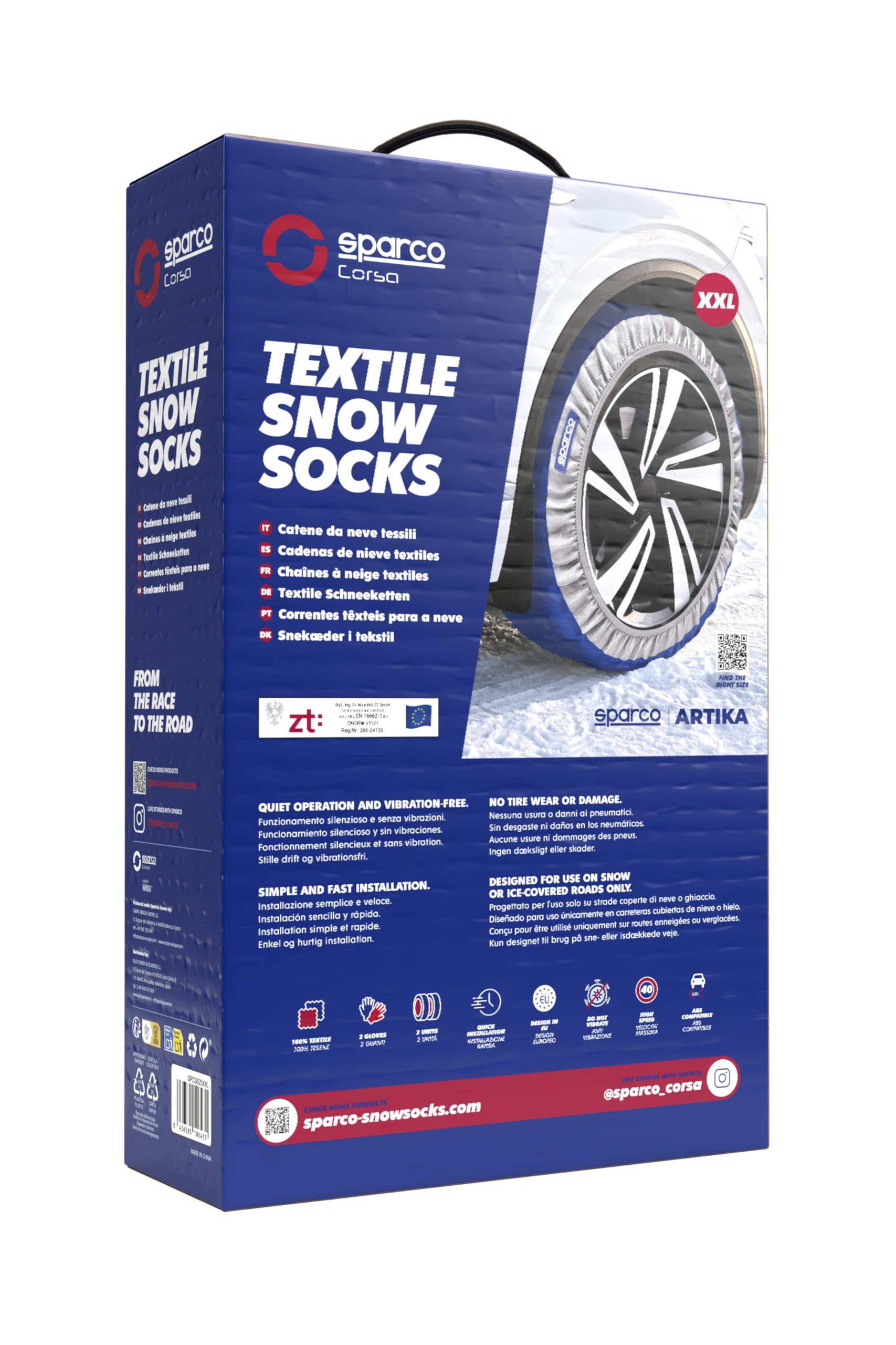 Sparco Chaînes à neige textiles modèle Artika taille XXL. Silencieuses et sans vibrations. Installation rapide et facile. Homologation EN-16662-1 et ÖNORM V5121. Compatibles avec ABS