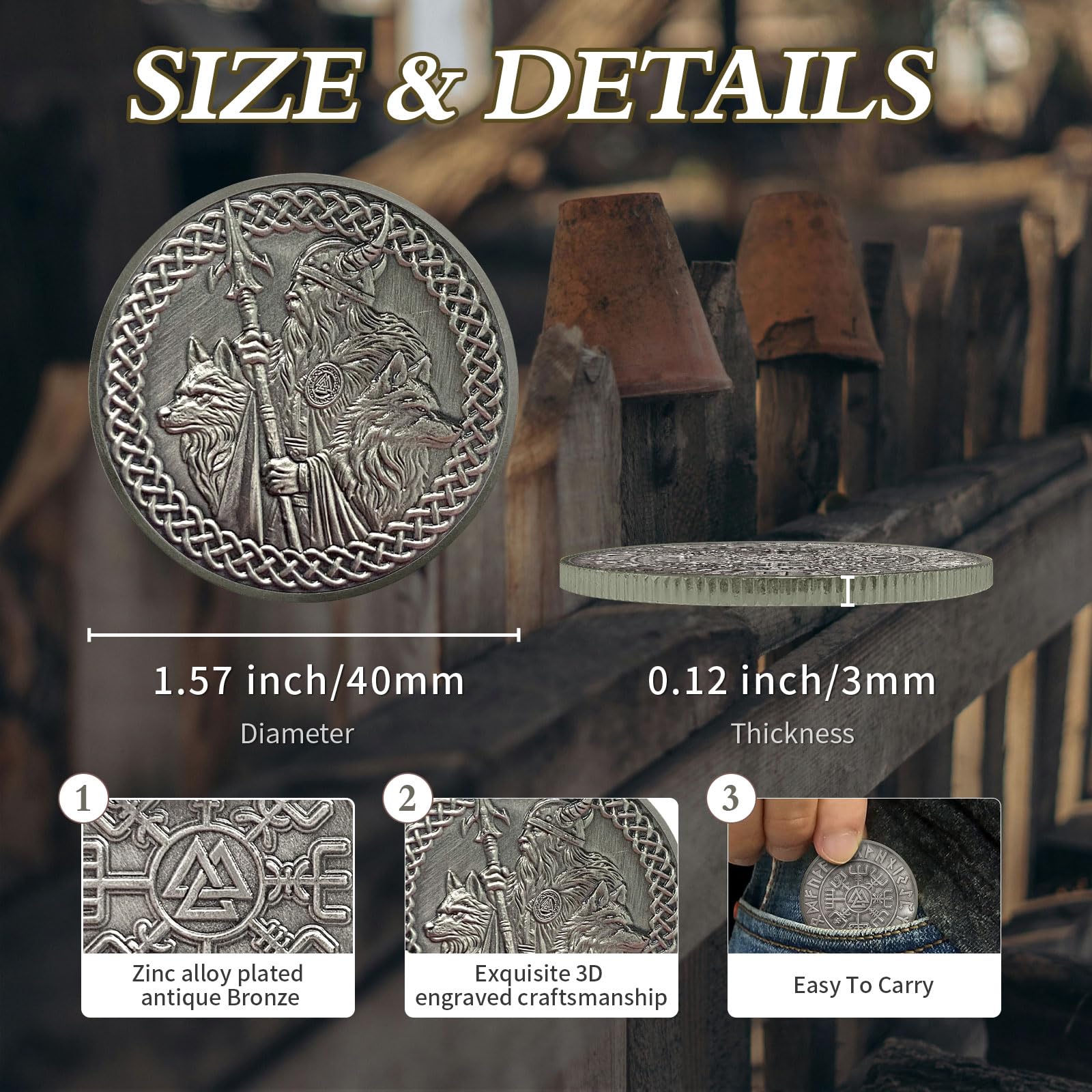 AtSKnSK Pièce de monnaie viking - Arbre de vie - Odin - Loup Odin - Corbeau  viking - Pièce commémorative - runes