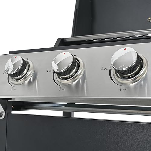 Miniatura 4 de Parrilla de barbacoa de gas propano de 3 quemadores, tiene 4 quemadores de acero inoxidable y 2 ruedas, salida de 25,650 BTU, perfecta para patio,