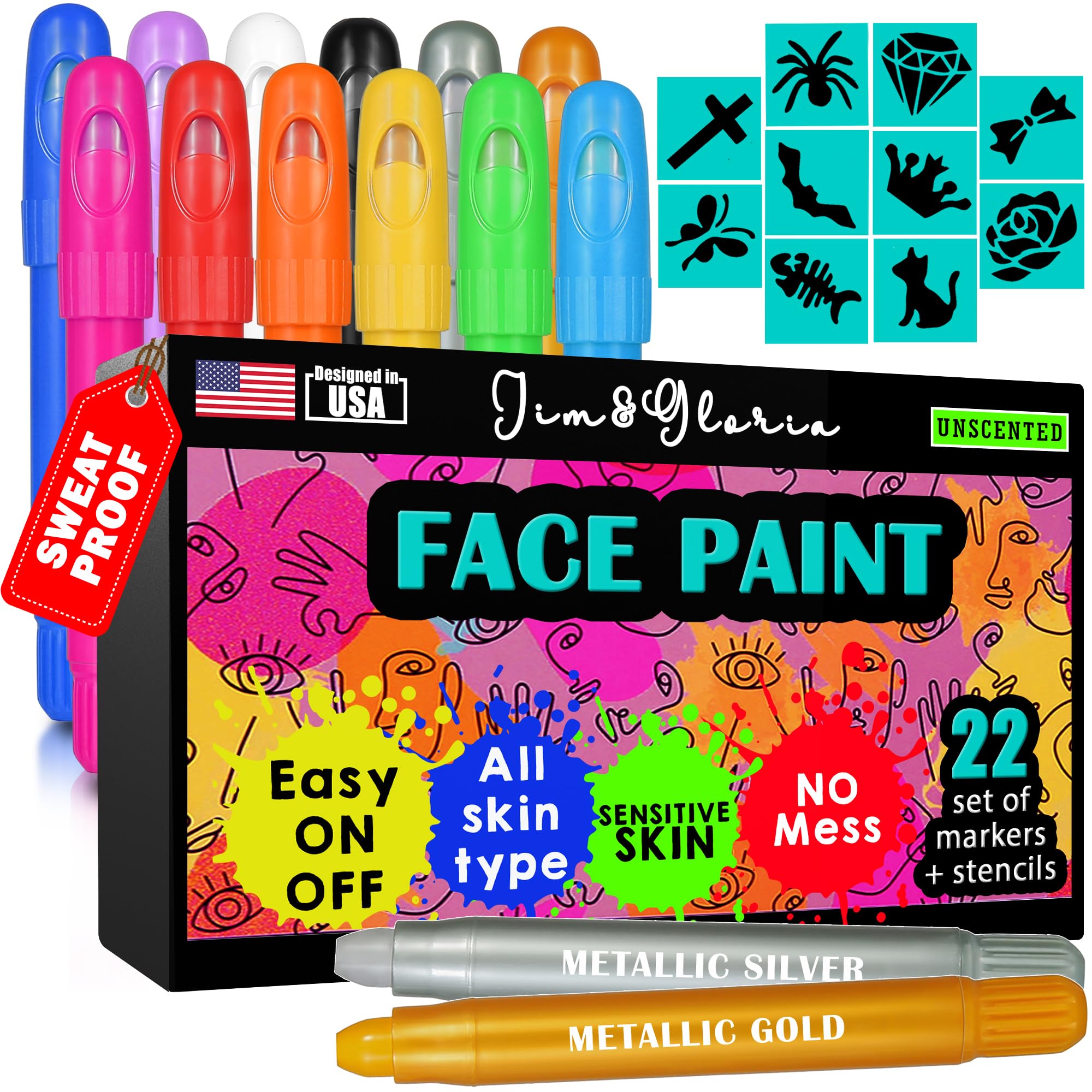 Jim&Gloria Face Paint Kit with Stencils, 12 Large Professional Face Painting Kit for Kids Party Makeup, Facepaint Washable Body Paint for Adults Skin Color Crayons, Girls Christmas Gifts, Crafts Toys