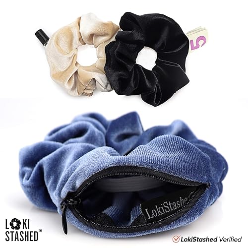 Miniatura 3 de LokiStashed Paquete de 3 coleteros de terciopelo para niñas y mujeres VSCO The Original Hidden Pocket SCRUNCHIE con bolsillo con cremallera