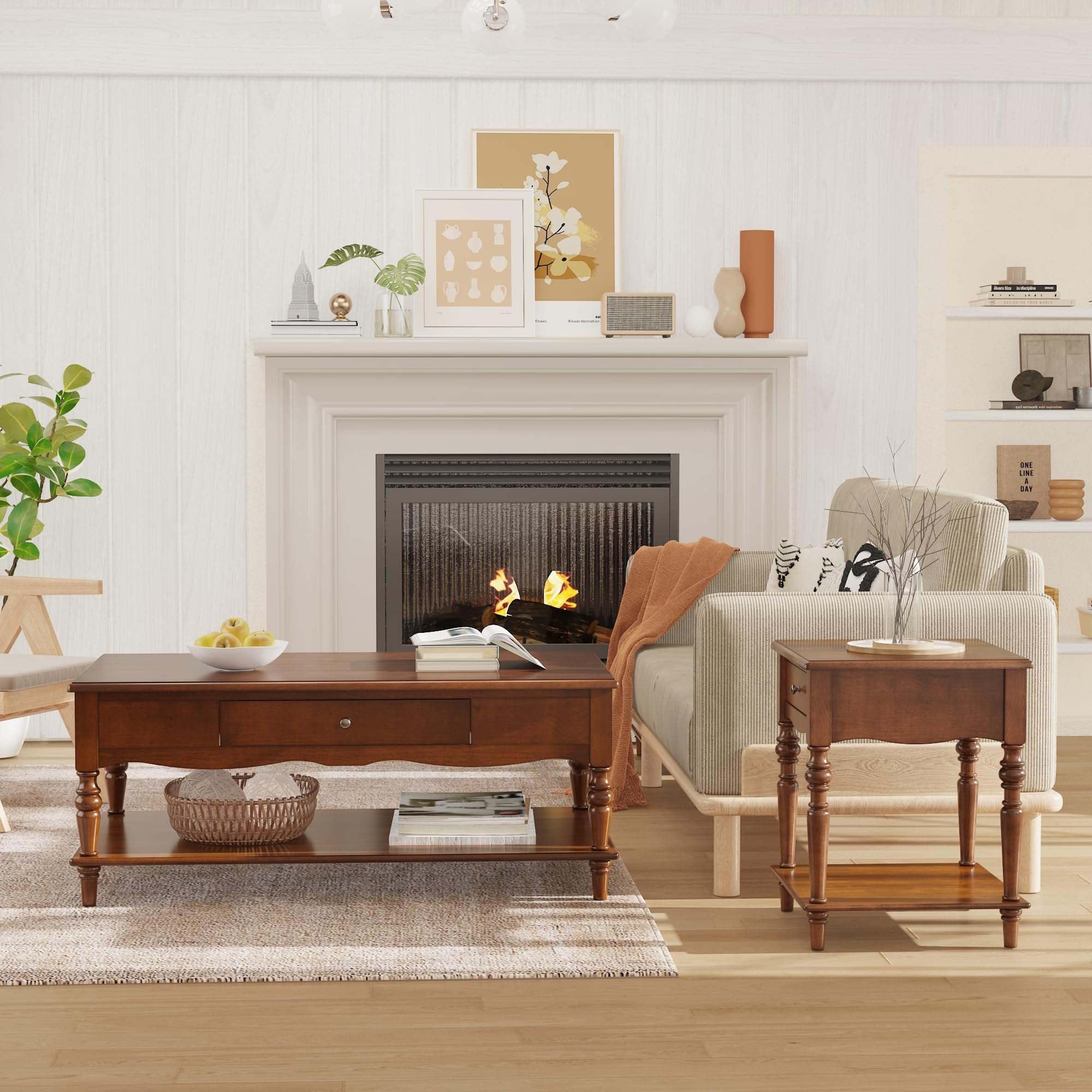 Endtisch mit Schublade und Stauraumregal, quadratischer Beistelltisch für das Wohnzimmer, Landhausstil aus Massivholz, kein Werkzeug erforderlich, 48 cm x 48 cm x 61 cm, karamellbraun BZ-C008-DR