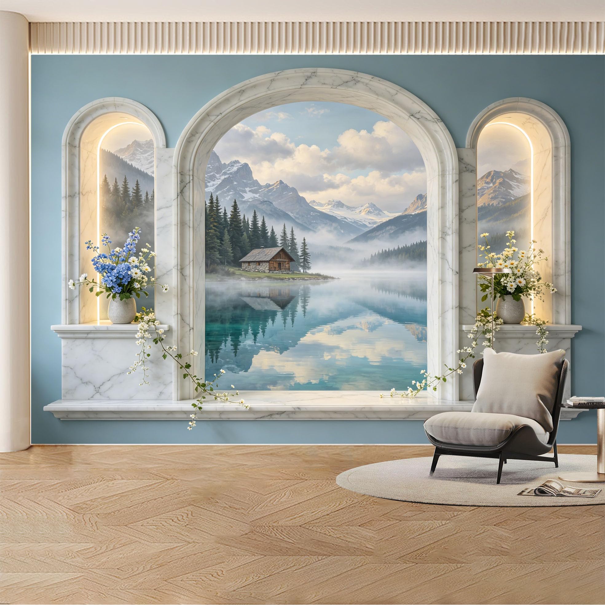 Kayorowalls Bh20260620003 Custom Wall Mural Wallpaper Mountain Lake Landscape Nature 3D Effect Wall Decor Misty Nordic Luxury Removable Selfadhesive Large Photo For Living Room， Bedroom， Office