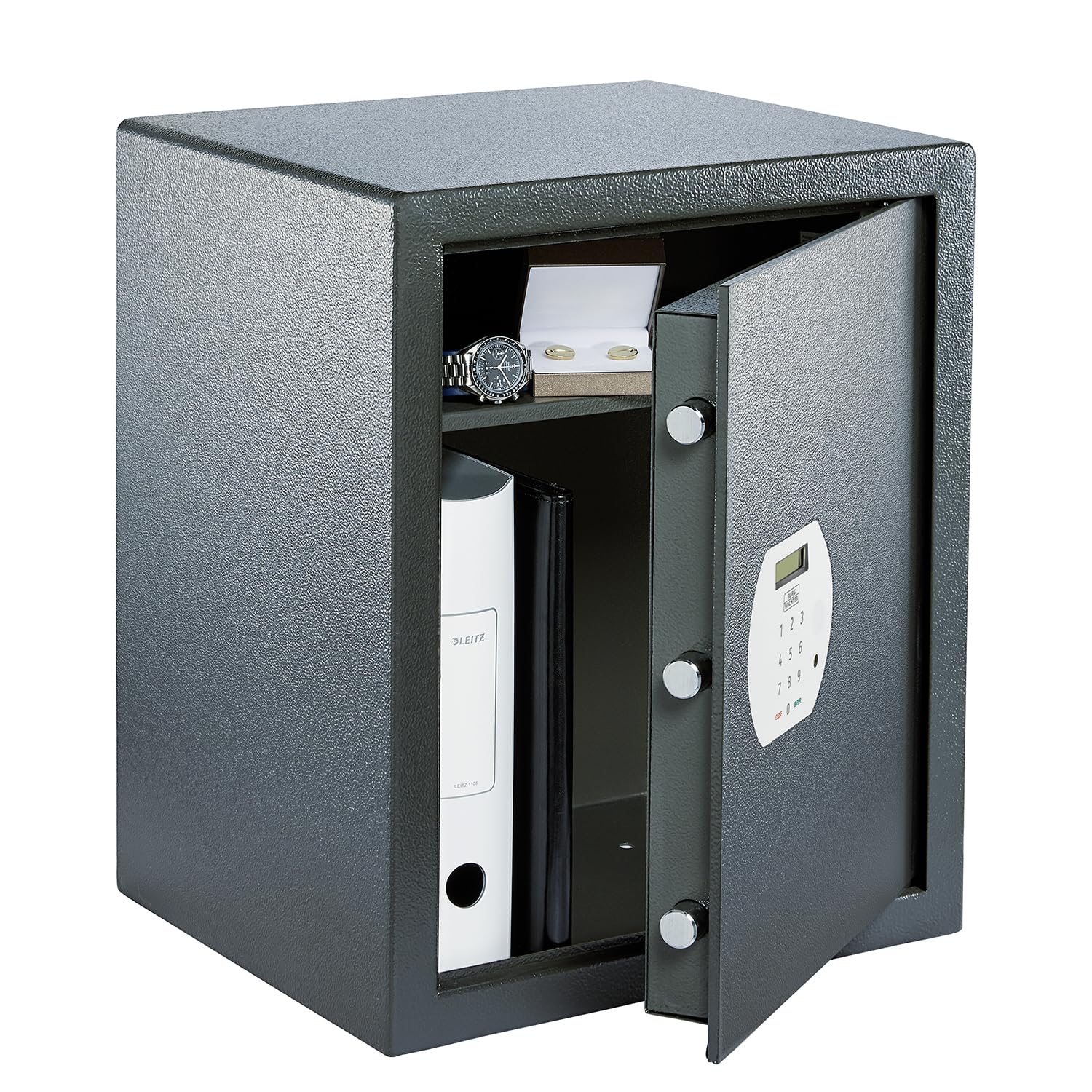 BURG-WÄCHTER Pure-Safe PS 140 E - Caja fuerte para muebles (59,8 L, 26 kg, cerradura de combinación electrónica, incluye estante, fijación a la pared y al suelo), color gris
