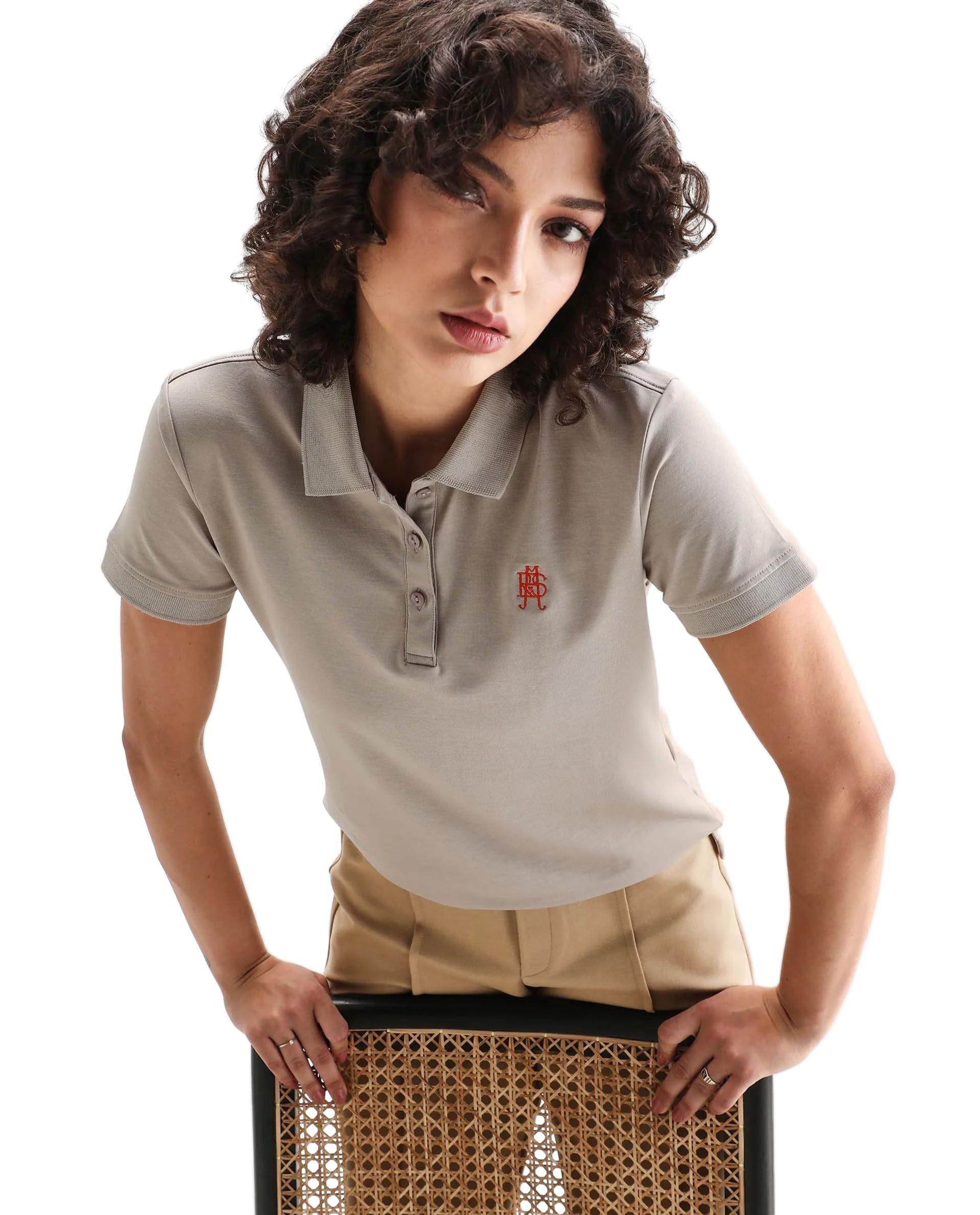 rareism Women Regular Solid Dusky Brown Cotton Blend Short Sleeve Polo-picture-23