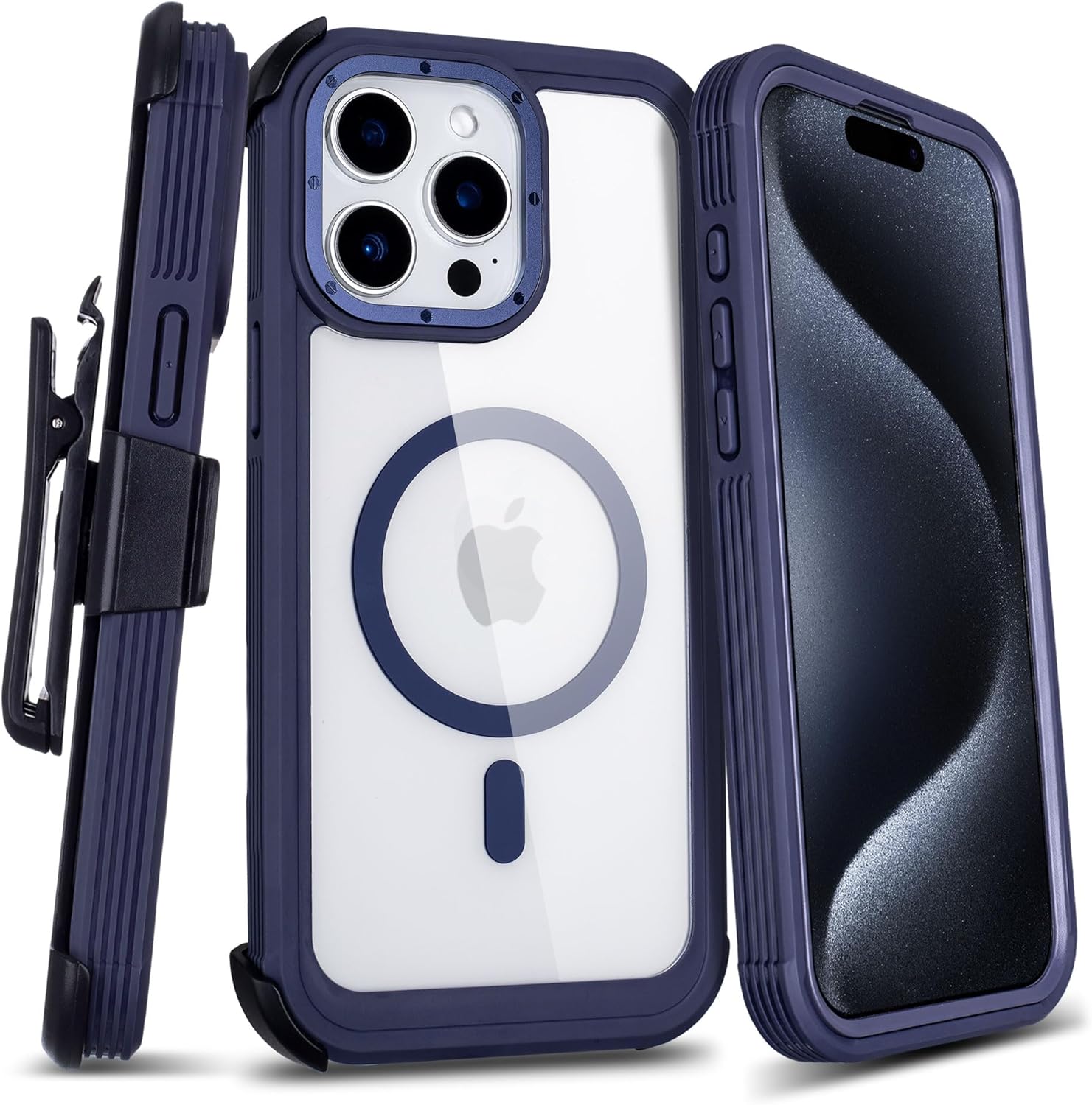 Defender for Clear iPhone 15 Pro Max Case with Belt Clip Holster, Compatible with MagSafe, Anti-Yellowing, Full-Body Phone Cover for iPhone 15 Pro Max Case (Clear & Blue)