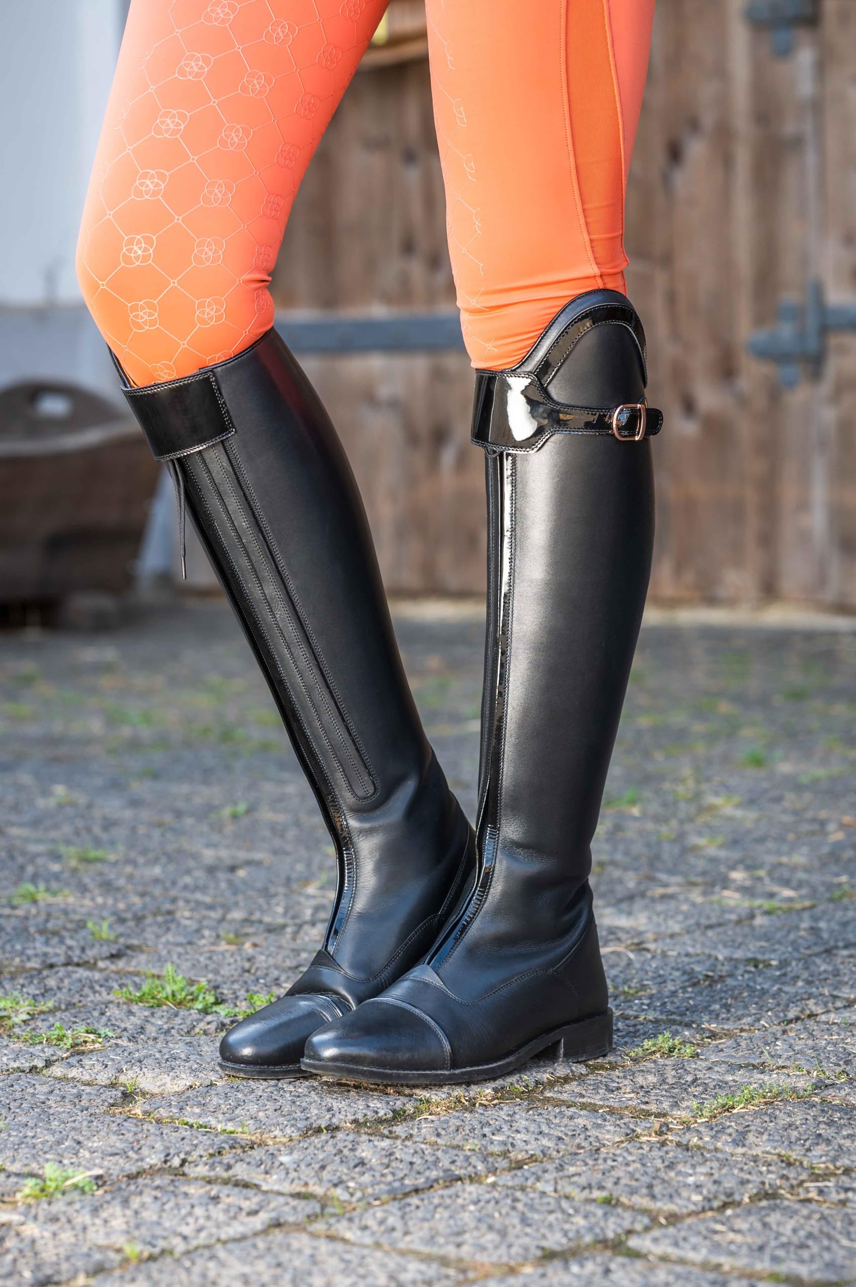HKM Reitstiefel Trinity Herren | Standardlänge & Weite | Anpassbarer Dressurbogen | Glitzer-Applikationen | Poloschnalle Rosegold | Schwarz/Dunkelblau, Größe 36-44
