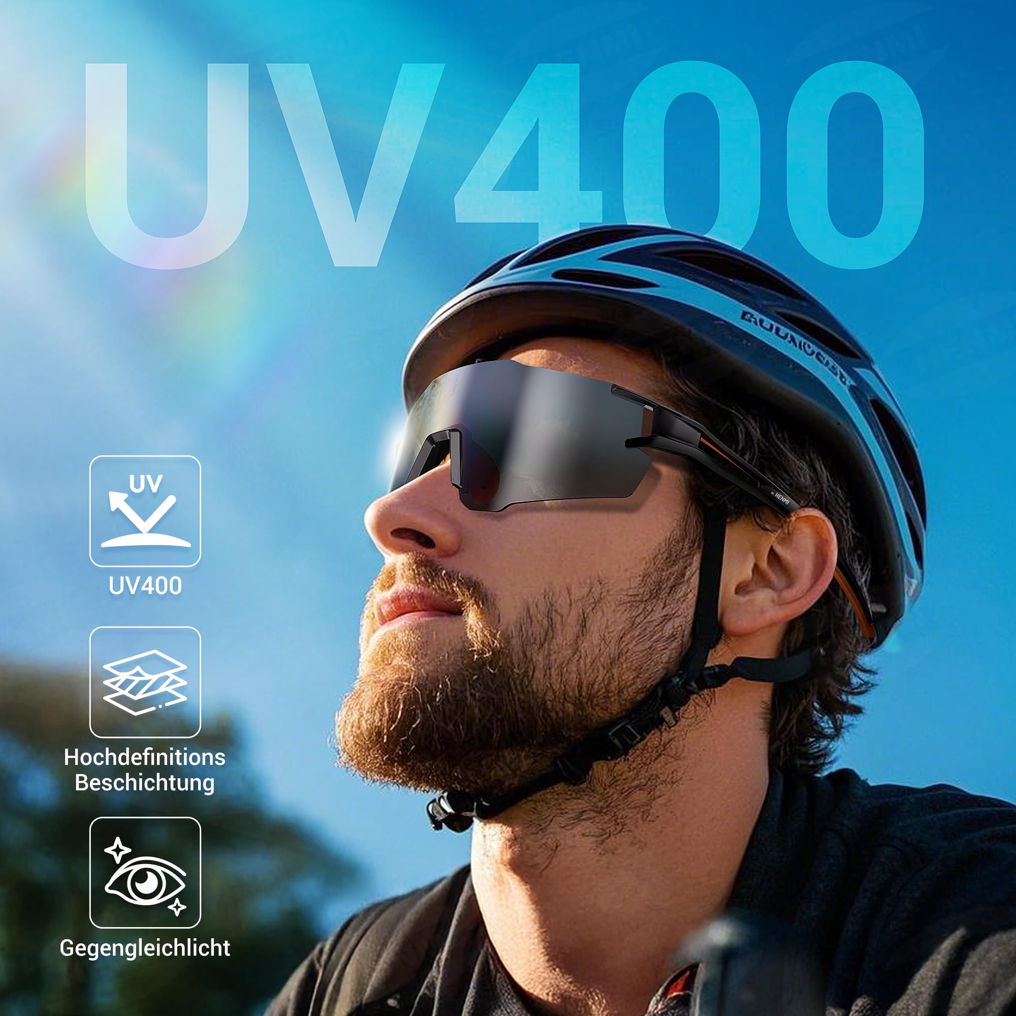 HENMI Sportbrille für Herren Damen – UV400 Schutz Sonnenbrille mit TR90 Rahmen, verstellbarem Nasenpad & Bügel – 2 Varianten: selbsttönend & polarisiert – Ideal für Radsport, Laufen & Outdoor
