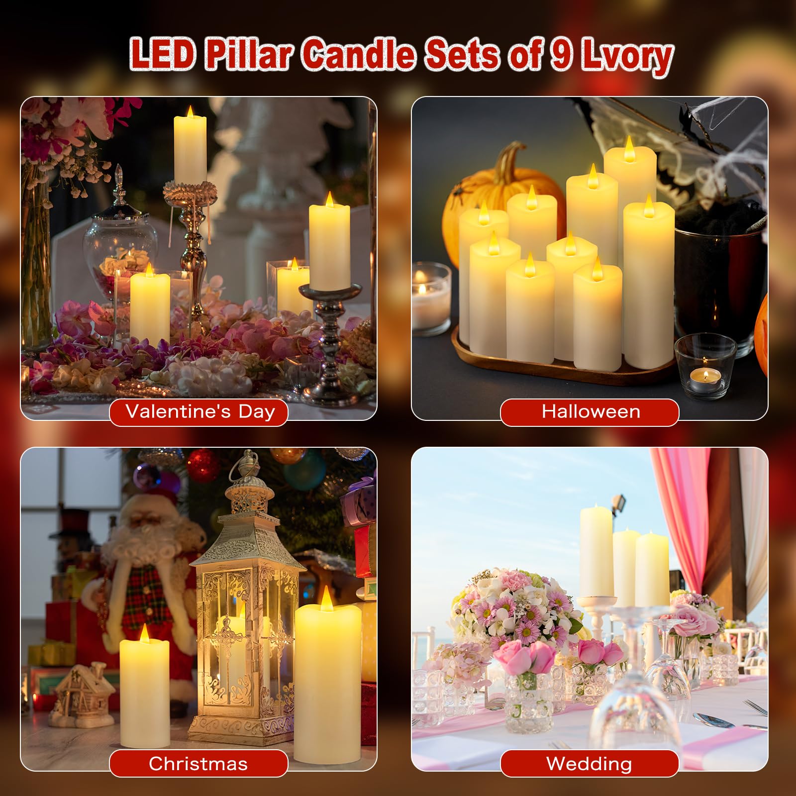 Candele ricaricabili senza fiamma con telecomando e timer, confezione da 9 candele LED tremolanti USB rivestite con vera cera per Halloween, Natale, casa, matrimoni e festività (sei