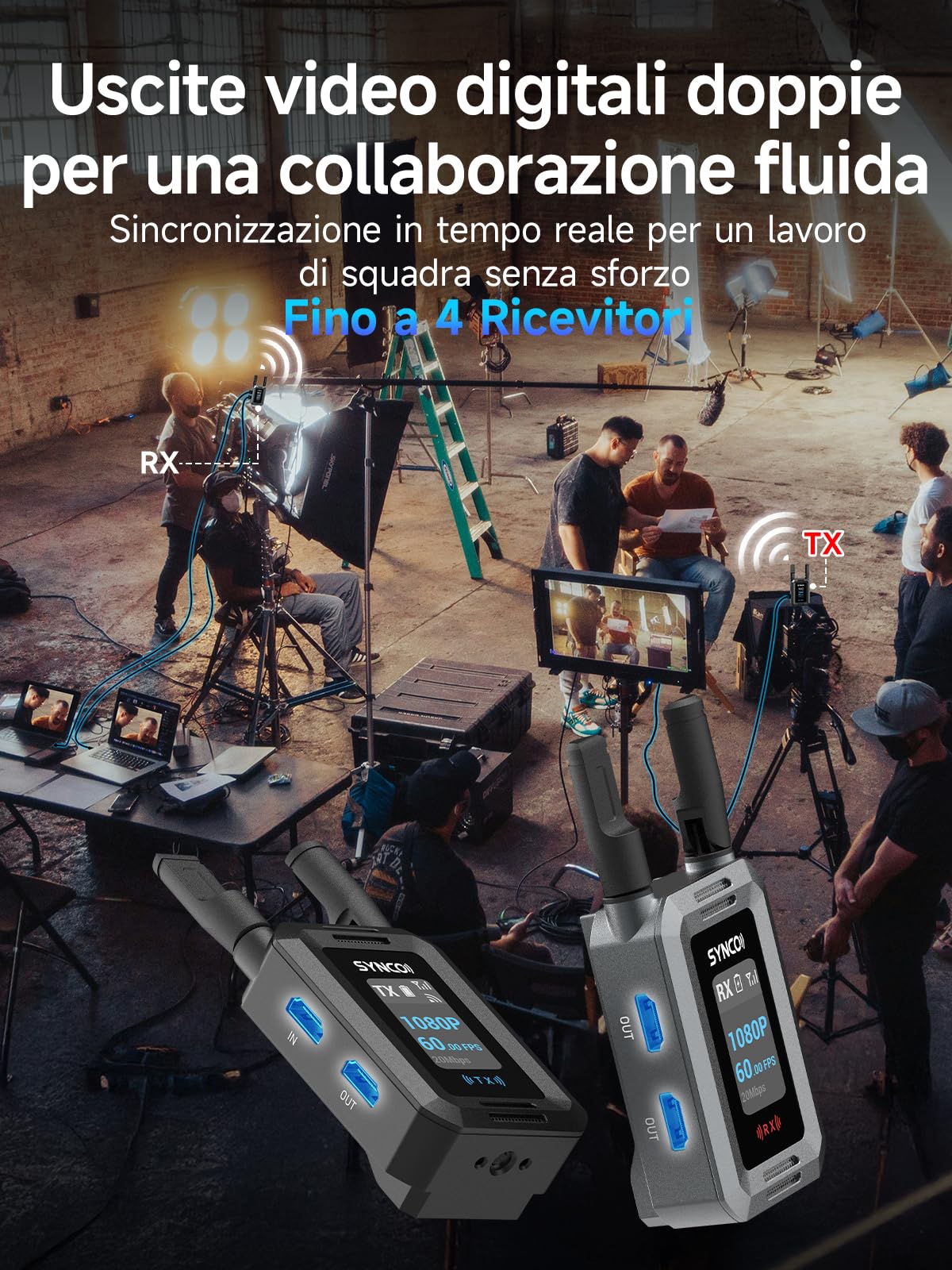 SYNCO Sistema di Trasmettitore Video Wireless HD port 1080P 60FPS, XVision Trasmettitore e Ricevitore HD con Doppia Uscita HD port e Loop Out Latenza 0.04s 300m per Live Streaming Fotoripresa