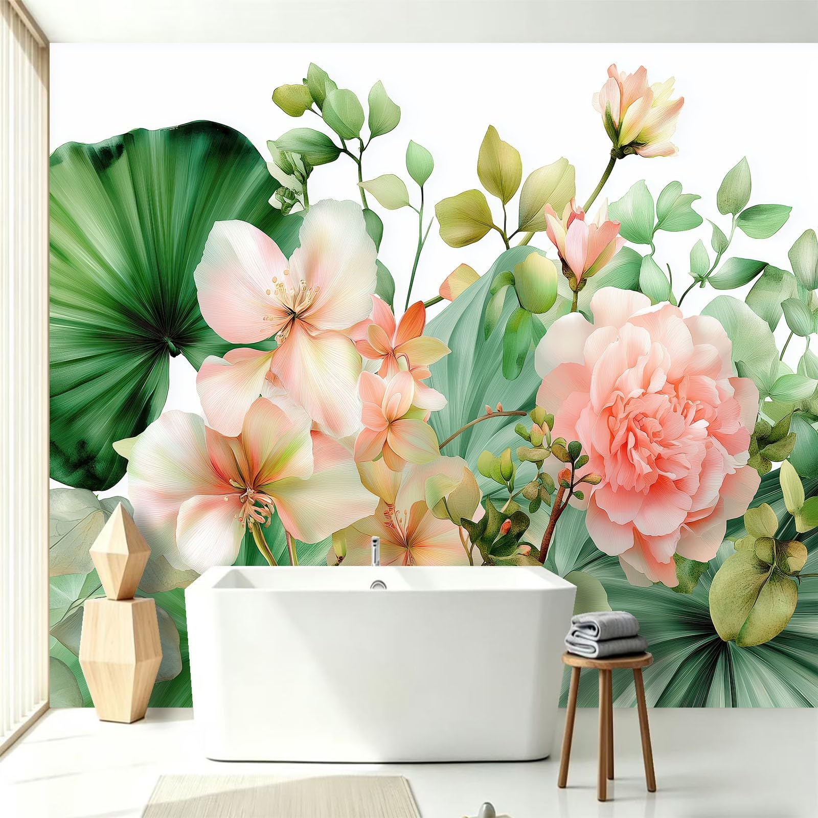 Carta da parati fotografica in tessuto non tessuto, acquerello, scandinavo, piante tropicali, effetto 3D, fantasiosa carta da parati da parete per camera da letto e soggiorno, 300 x 210 cm, colore
