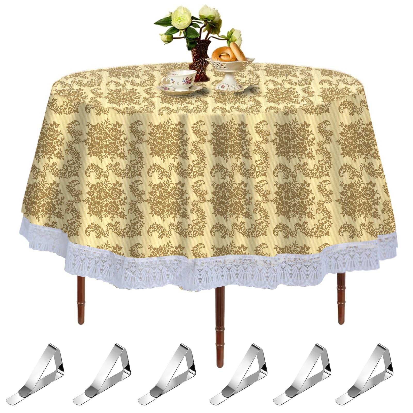 Photo 1 of 70 Inch Round Tablecloth with 6Pcs Tablecloth Clips,Waterproof/Stain Resistant/Oil Proof PVC Table Cloth,Decorative Fabric Table Cover for Banquet,Parties,Dinner,Kitchen,Wedding (Gold)