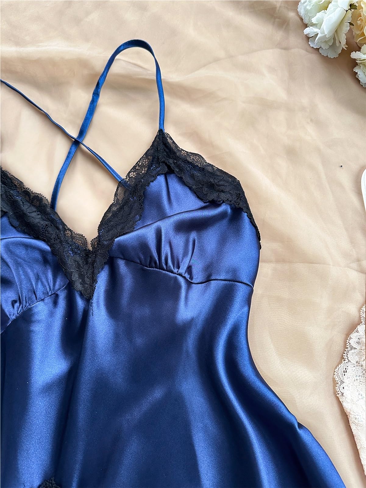 Camicia Da Notte Halter Set da 2 pezzi in pizzo, pigiama sexy con scollo a V, design da donna, abito con scollo a V, camicia da notte con scollo a V for dormire Per La Casa(Champagne and Red,S)