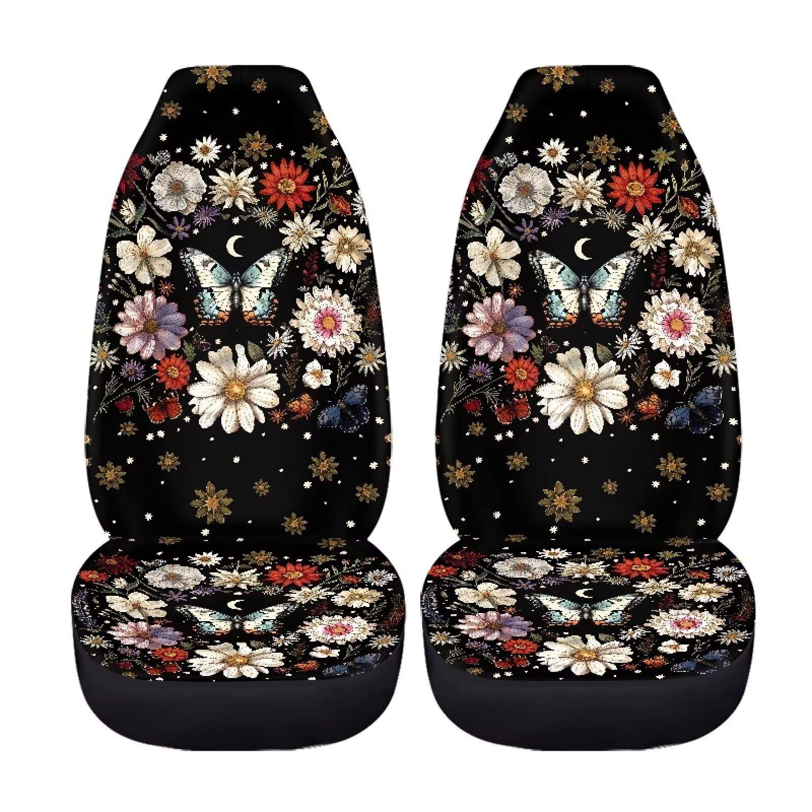 Drydeepin Butterfly Daisy Floral Moon Print Car Seat Cover 2 Piece Front Seat Cover Car Seat Cushion Protective Cover Universal Car Accessories for