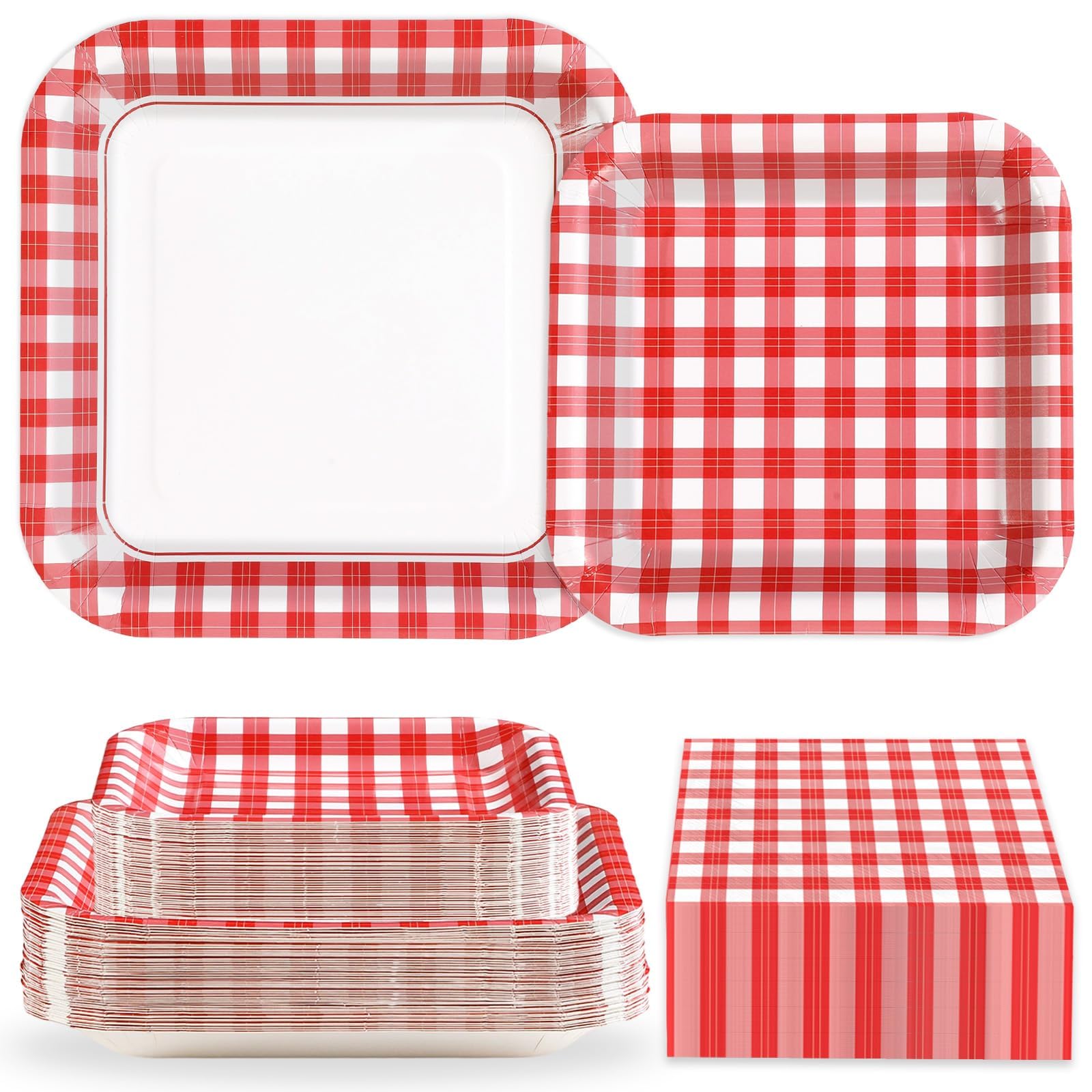 Grencian 200 Pcs Red and White Gingham Party Supplies, Serves 50