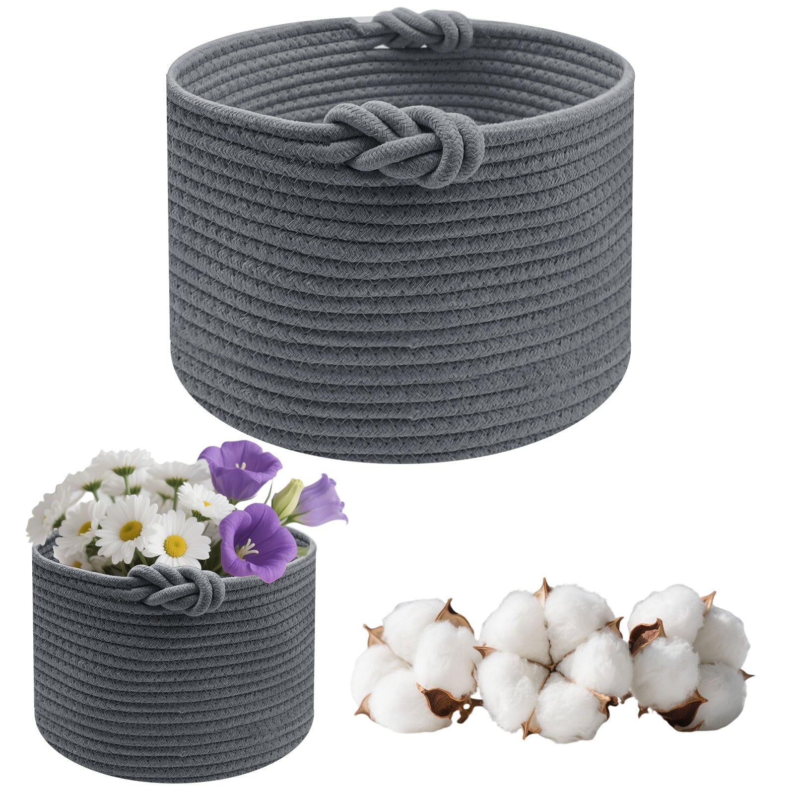PWGHWG Korb Aufbewahrung, Kleiner Aufbewahrungskorb Geflochten Baumwollseil Wäschekorb Rund Baumwollkorb für Organisieren von Kleidung, Badezimmer, Spielzeug, 24 × 18 cm (Grau)