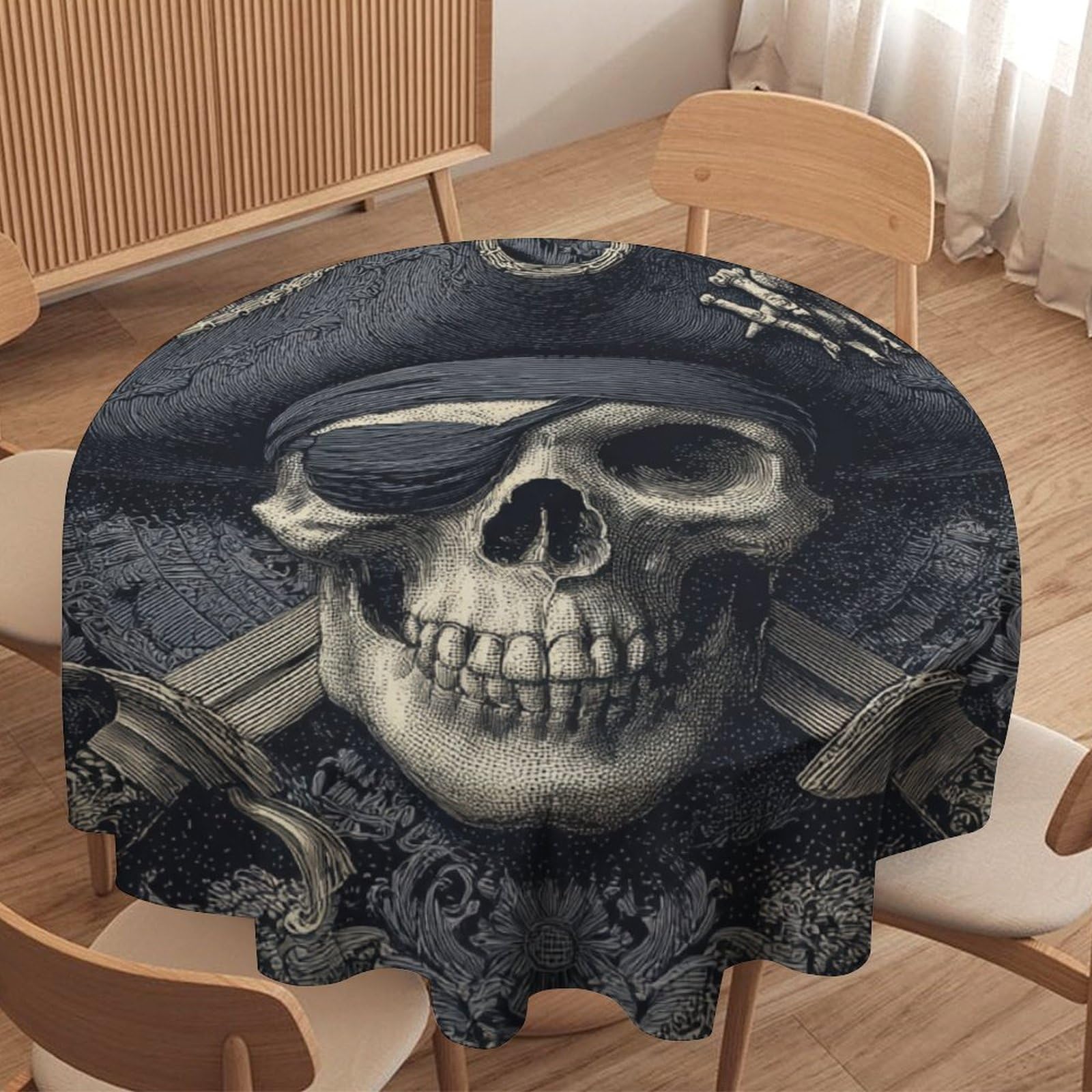 LUYYSKY Oil Painting Aesthetic Viking Skull Round Tablecloth Classic Abstract Mid Century Nordic Pirate Skull Skeleton Washable Decor for Table Cover for Kitchen-177.8" Wx177.8 L cm