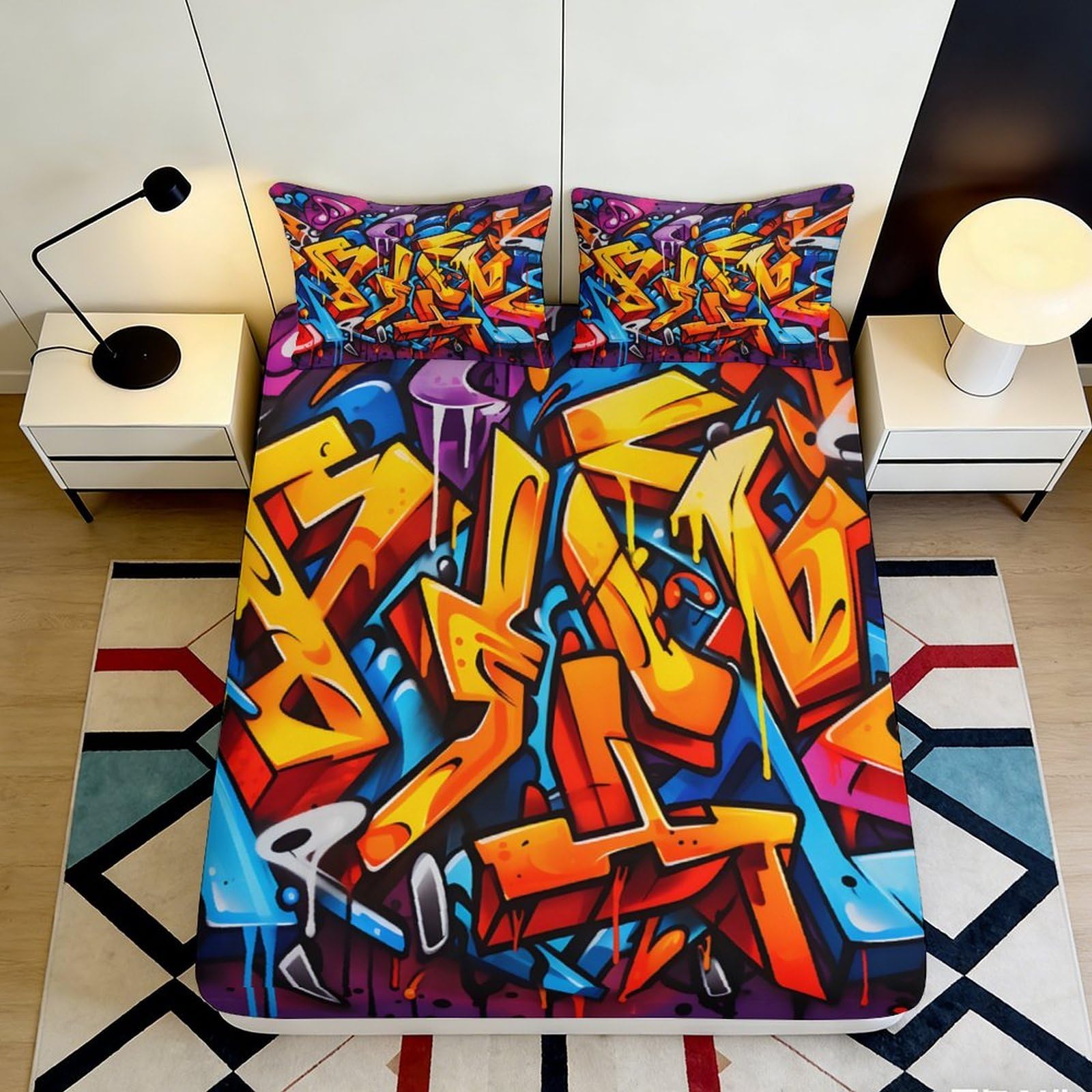 3D Printed Graffiti Art Fitted Sheet Microfiber Soft Vibrant Urban Street Style Bed Cover for Bedroom Decor 90x200x25cm